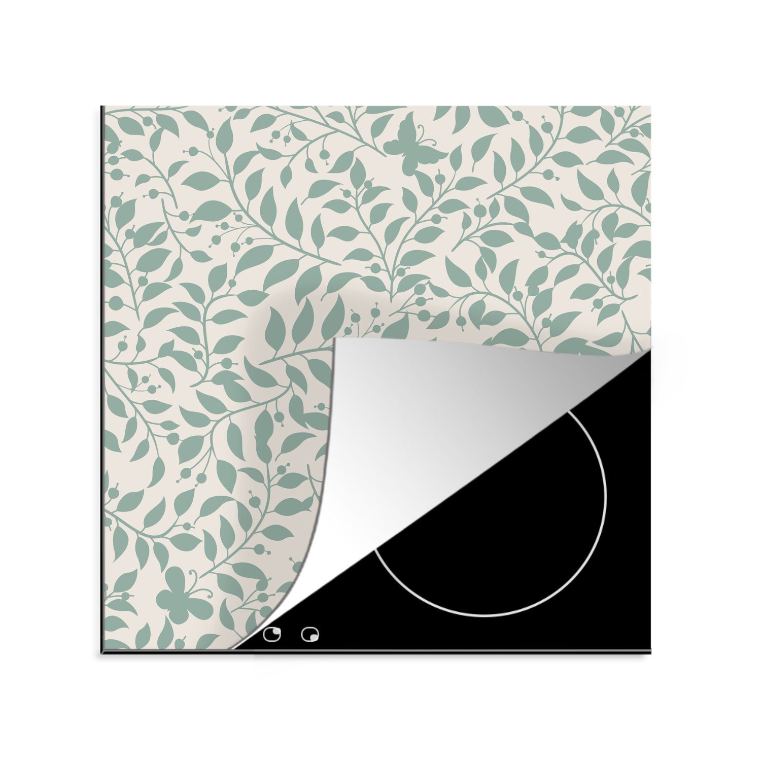 MuchoWow Herdblende-/Abdeckplatte Illustration eines Blumenmusters mit Blättern, Vinyl, (1 tlg), 78x78 cm, Ceranfeldabdeckung, Arbeitsplatte für küche