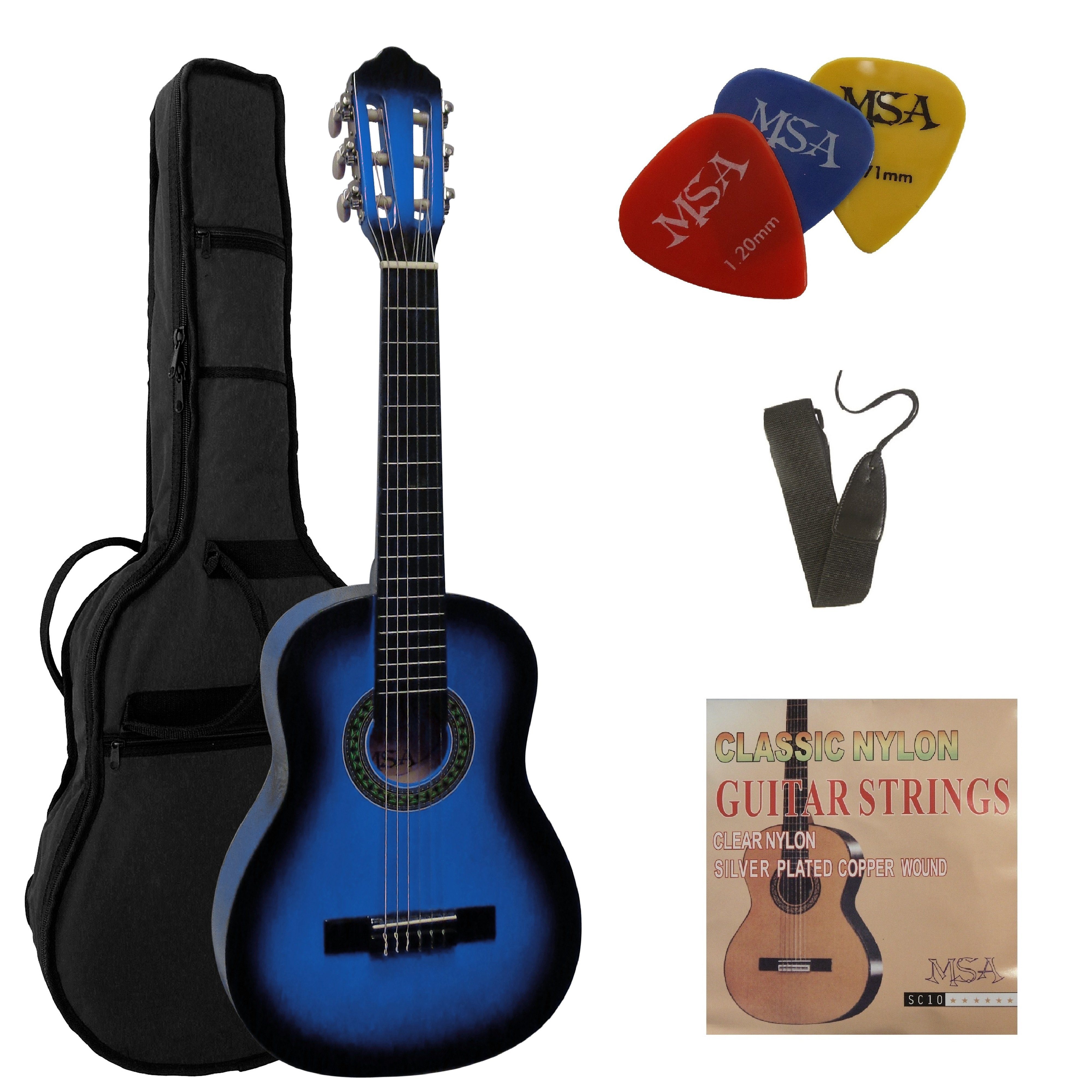 MSA Konzertgitarre 1/4 Kindergitarre Set Tasche Band Saiten 3xPlektron, Gitarre aus Lindenholz Nylonsaiten