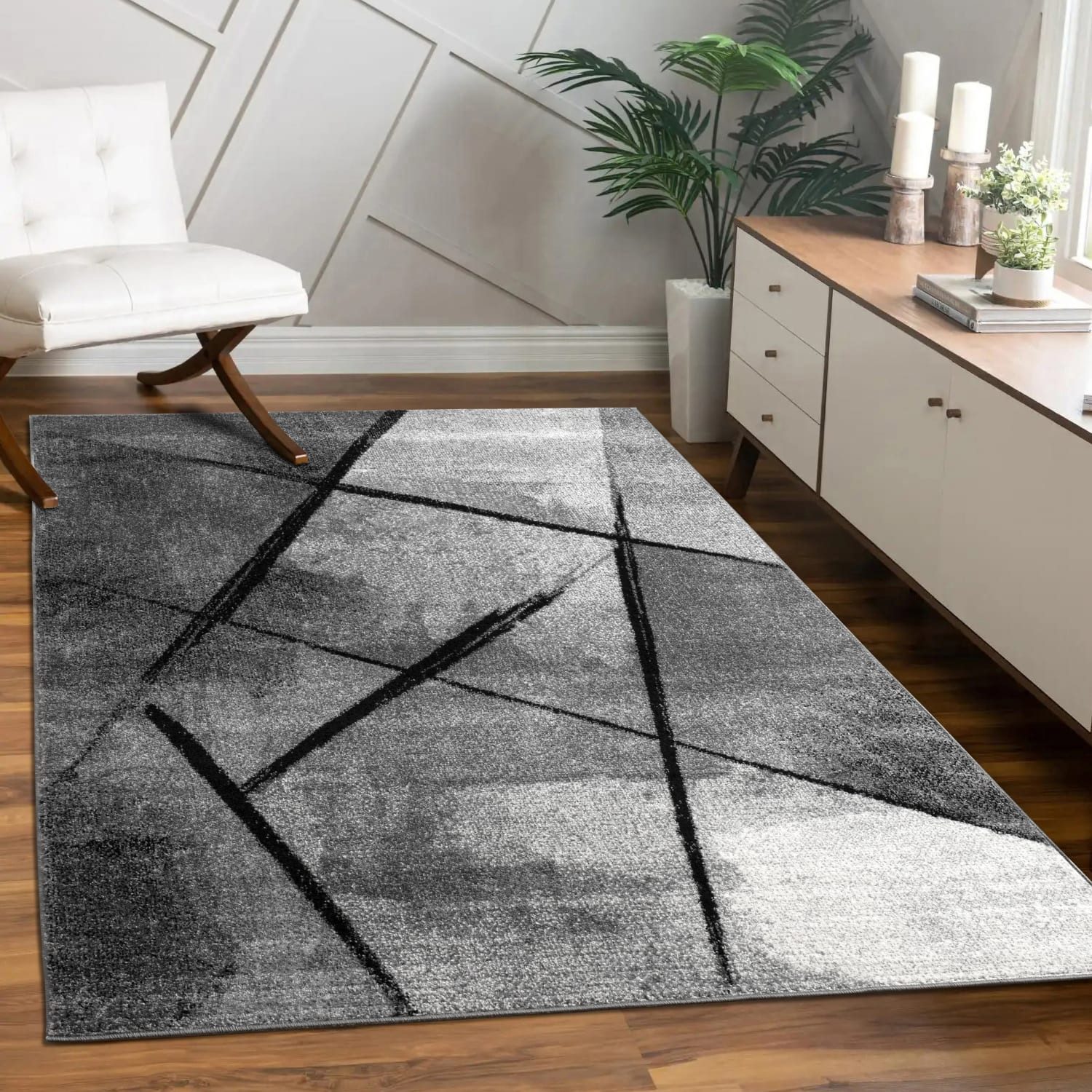 KADIMA DESIGN Teppich Abstraktes Linienmuster Wohnzimmer schmutzabweisend Teppich Kurzflor, Rechteckig, Höhe: 14 mm, Florhöhe: 10 mm, 100% Polypropylen, Rechteckig, 60x100cm, Dunkelgrau