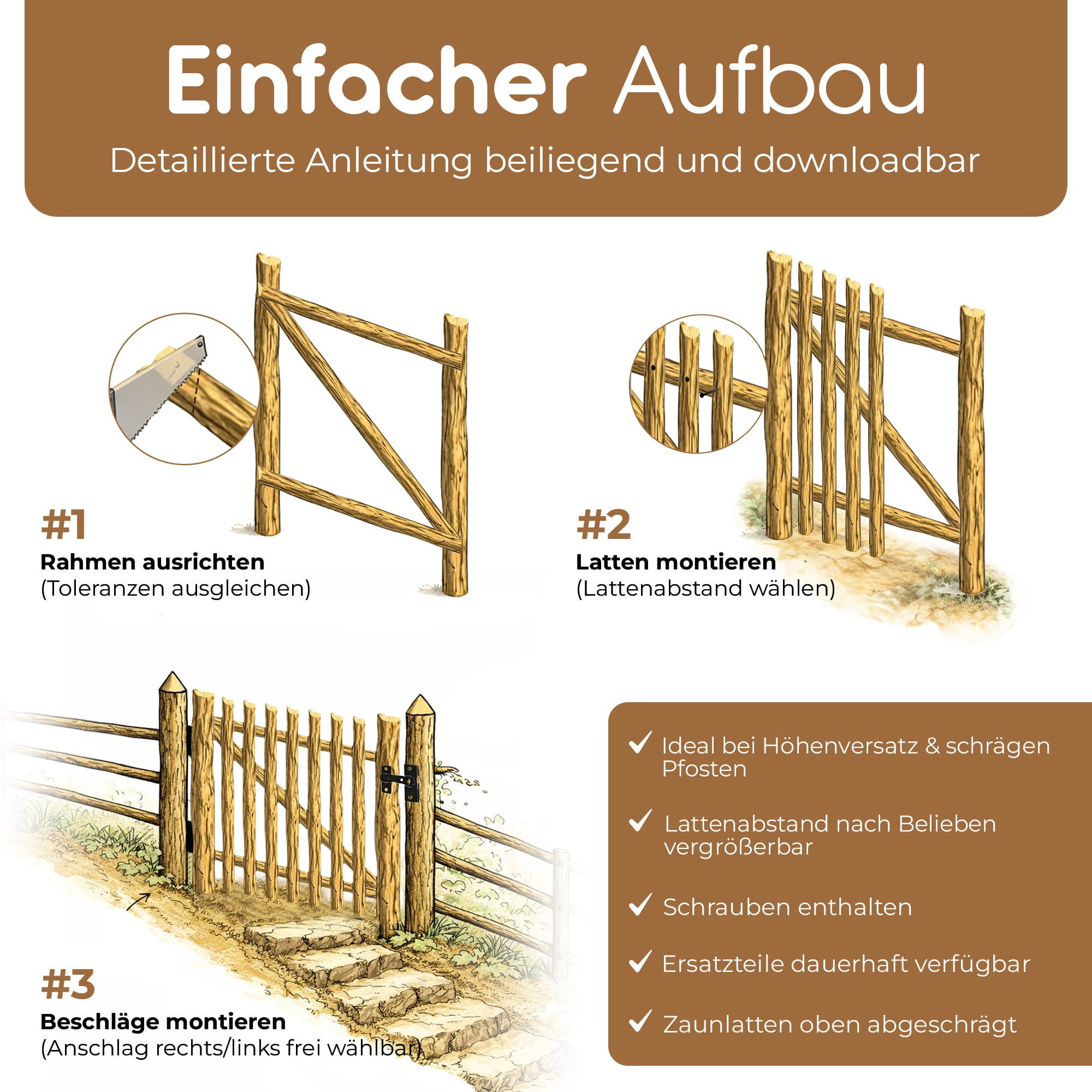 BooGardi Gartentor Staketentor Bausatz Haselnuss Holz, (DIY Gartentür · 80 cm breit x 50 cm hoch · Lattenabstand 3-5), Einflügel- & Doppelflügel-Tor · Staketenz – Bild 4 von 5