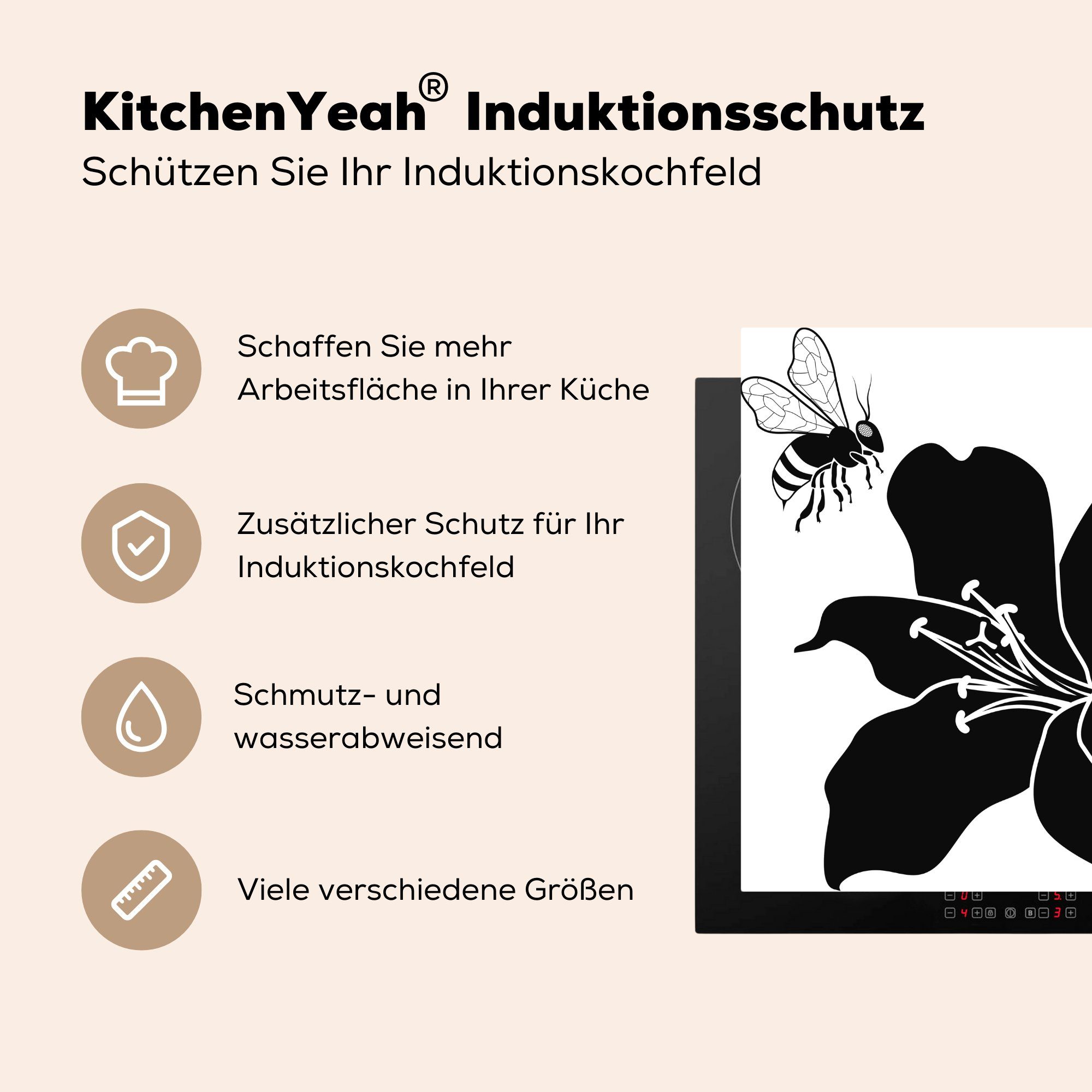 Arbeitsplatte Illustration Biene Herdblende-/Abdeckplatte einer 78x78 für einer Eine küche Vinyl, Ceranfeldabdeckung, MuchoWow mit (1 cm, tlg), schwarz-weiße Lilie,