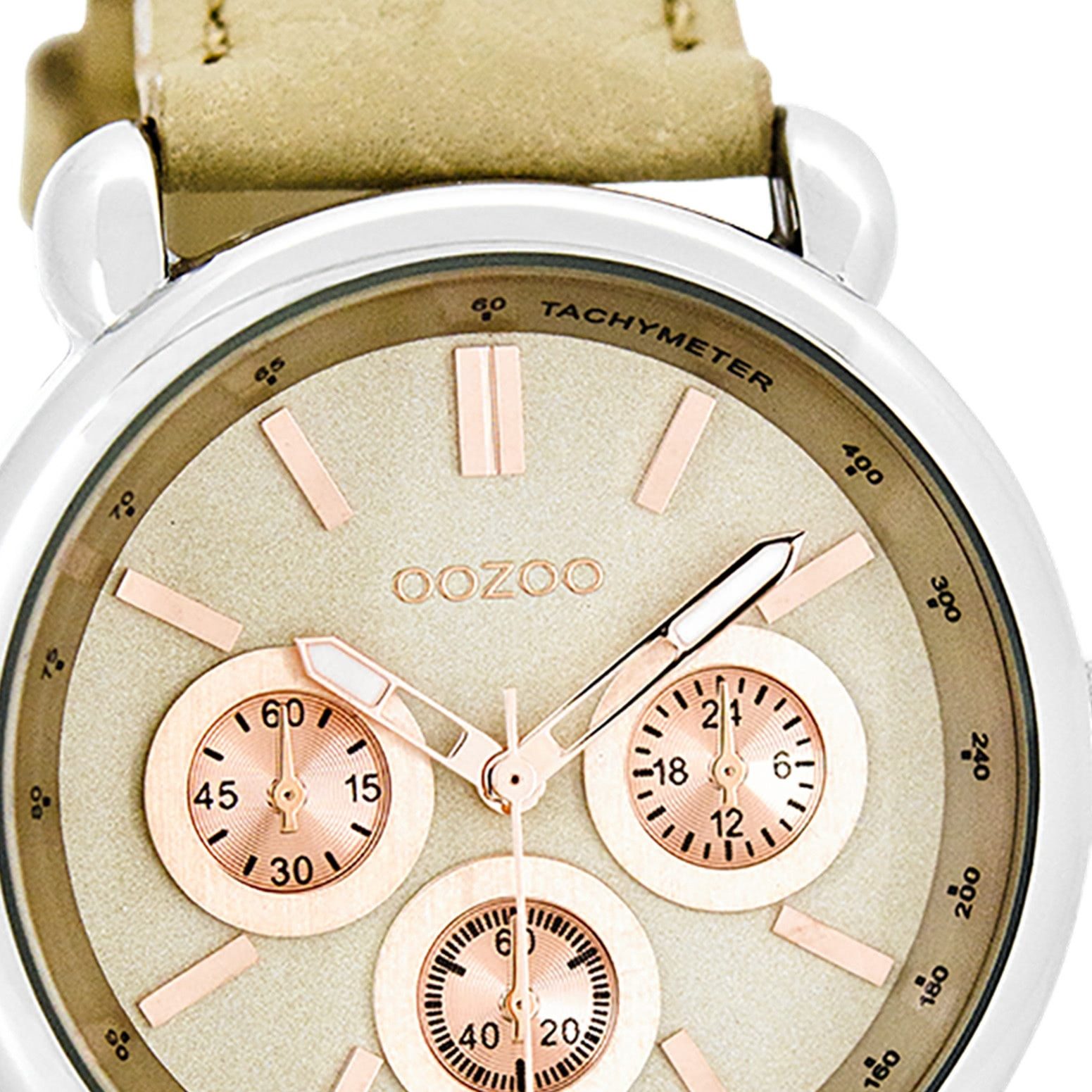OOZOO Quarzuhr Oozoo Damen Armbanduhr beige Analog, (Analoguhr), Damenuhr rund, groß (ca. 43mm) Lederarmband, Luxus-Style
