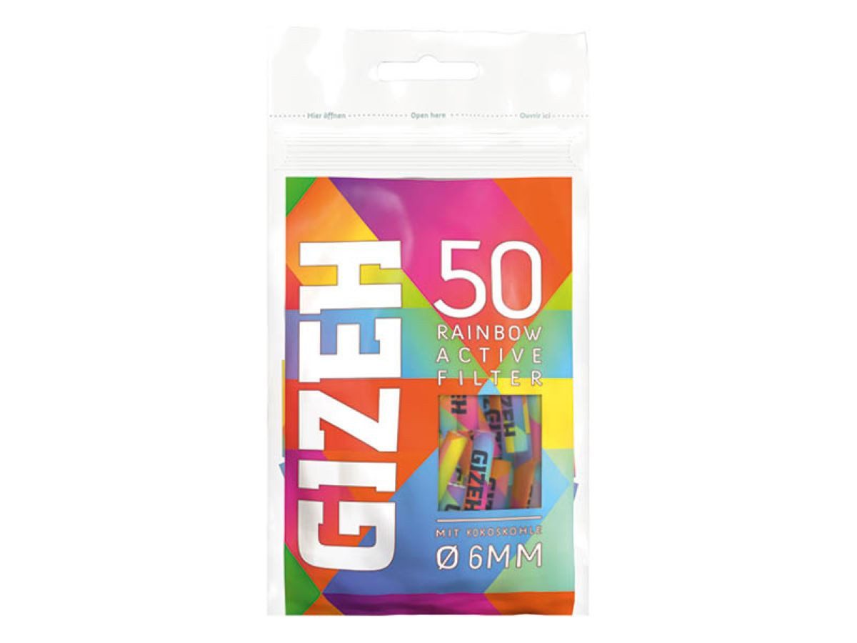 Gizeh Aktivkohlefilter Rainbow oder Pink 6mm mit Kokoskohle, 50 Stück + Jointhülle, made in Germany Dreherfilter, Original 6mm Gizeh Filter