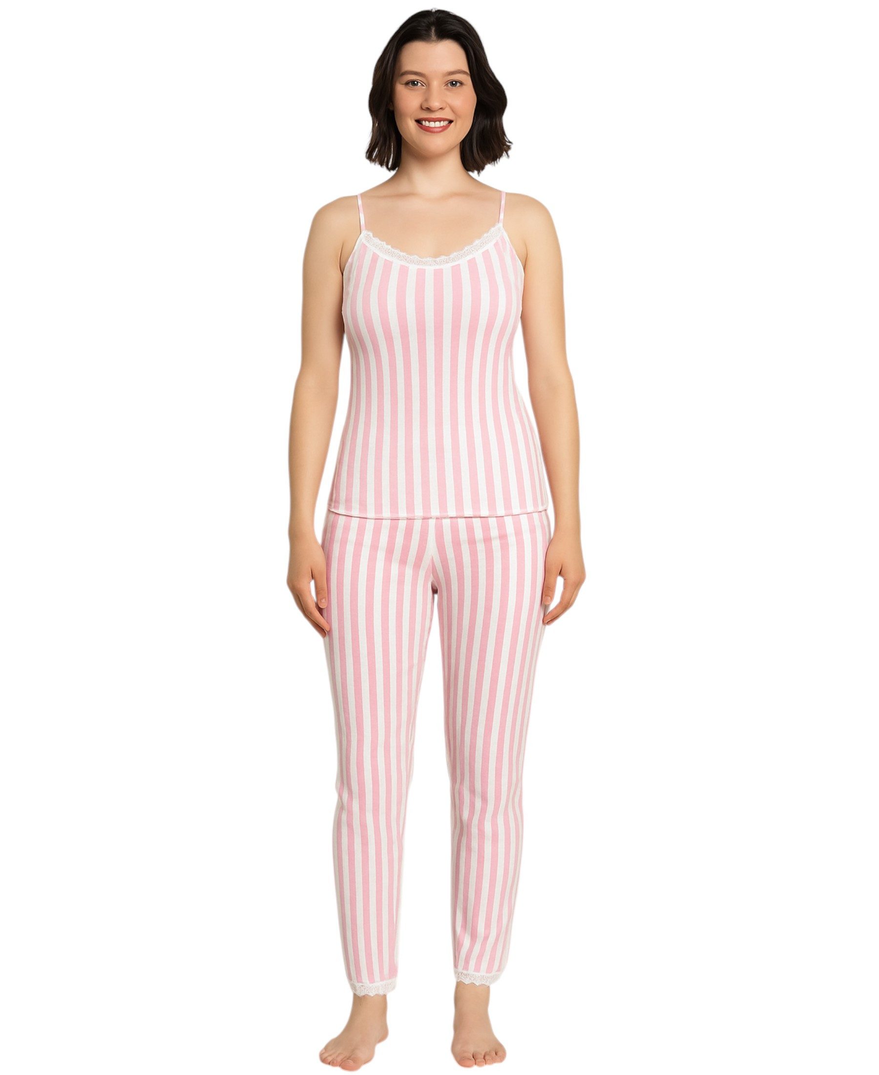 fashionshowcase Schlafanzug Damen 2-teiliges Pyjama Set Rosa – Bequemer Baumwollmix Elegante Streifenoptik