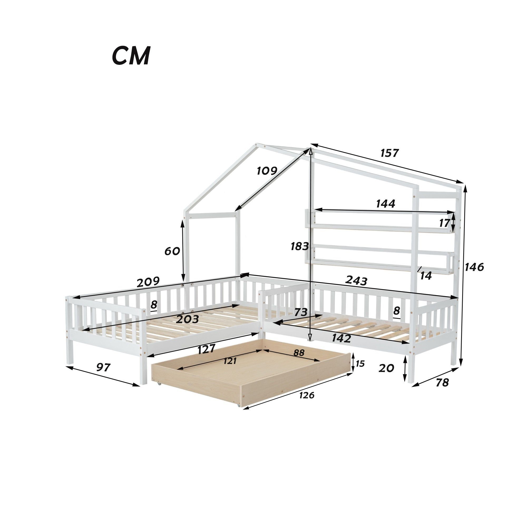 Zaun REDOM cm 90x200 (mit L-Struktur), Hausbett, und Matratze Lattenrost, Ohne Weiß Bett Kinderbett