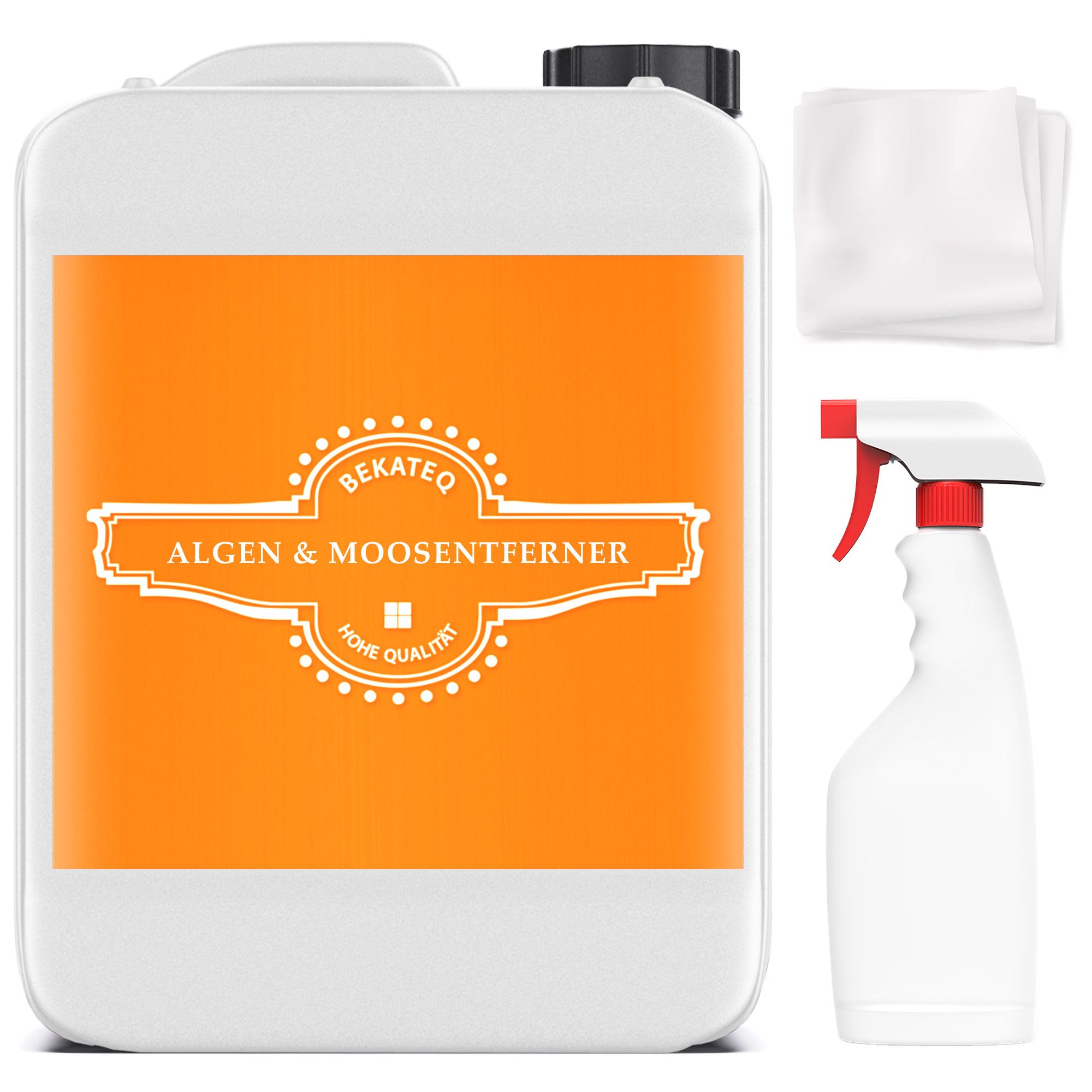 BEKATEQ BE-509 Algen und Moosentferner Set mit Sprühflasche und Vliestuch 10L Grünbelagentferner (Algenentferner + Sprühflasche + Vliestuch, [- Set 1L reicht aus für 10qm)