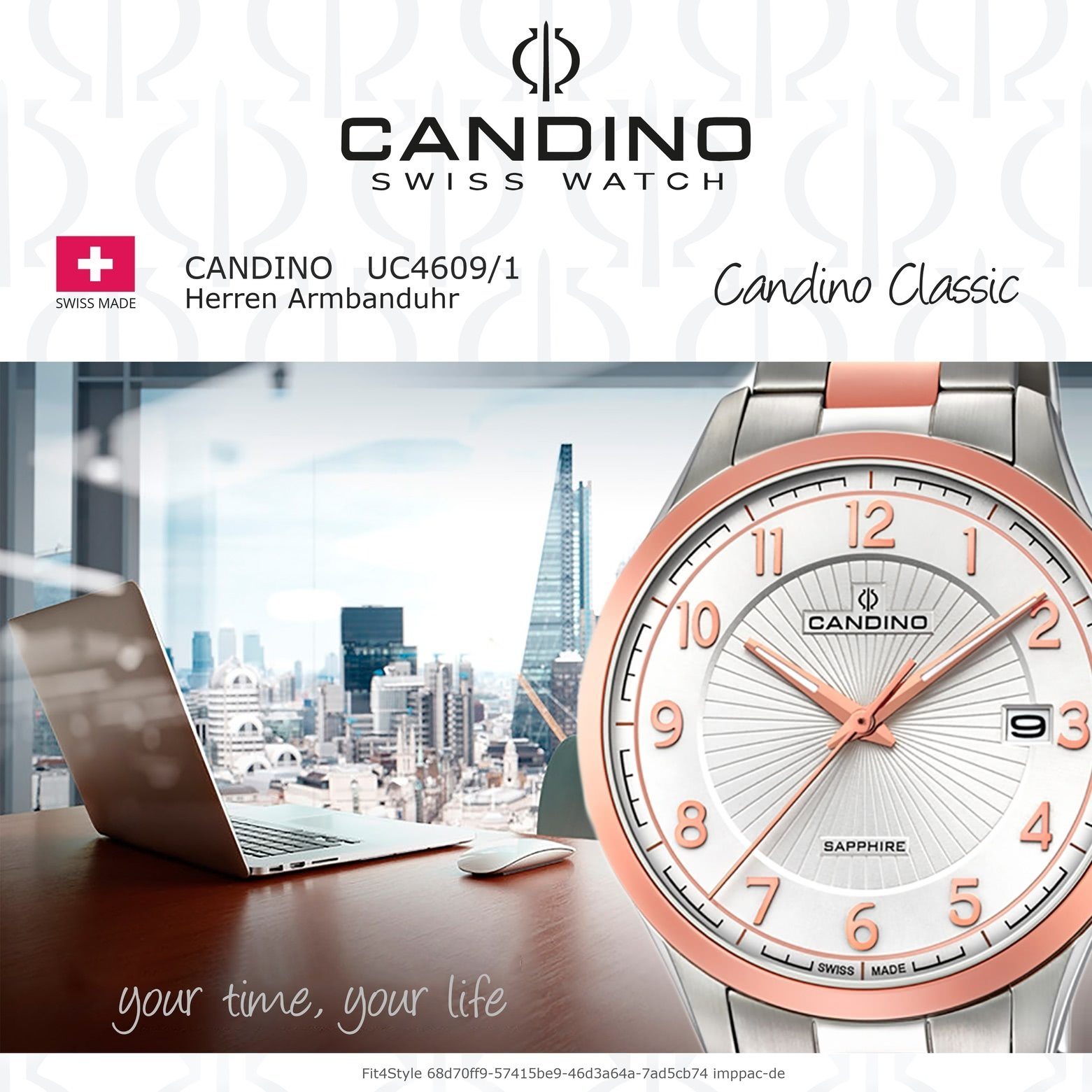 Analog Uhr Candino Candino roségold, Quarzuhr silber, rund, Herren C4609/1, Armbanduhr Herren Elegant Edelstahlarmband