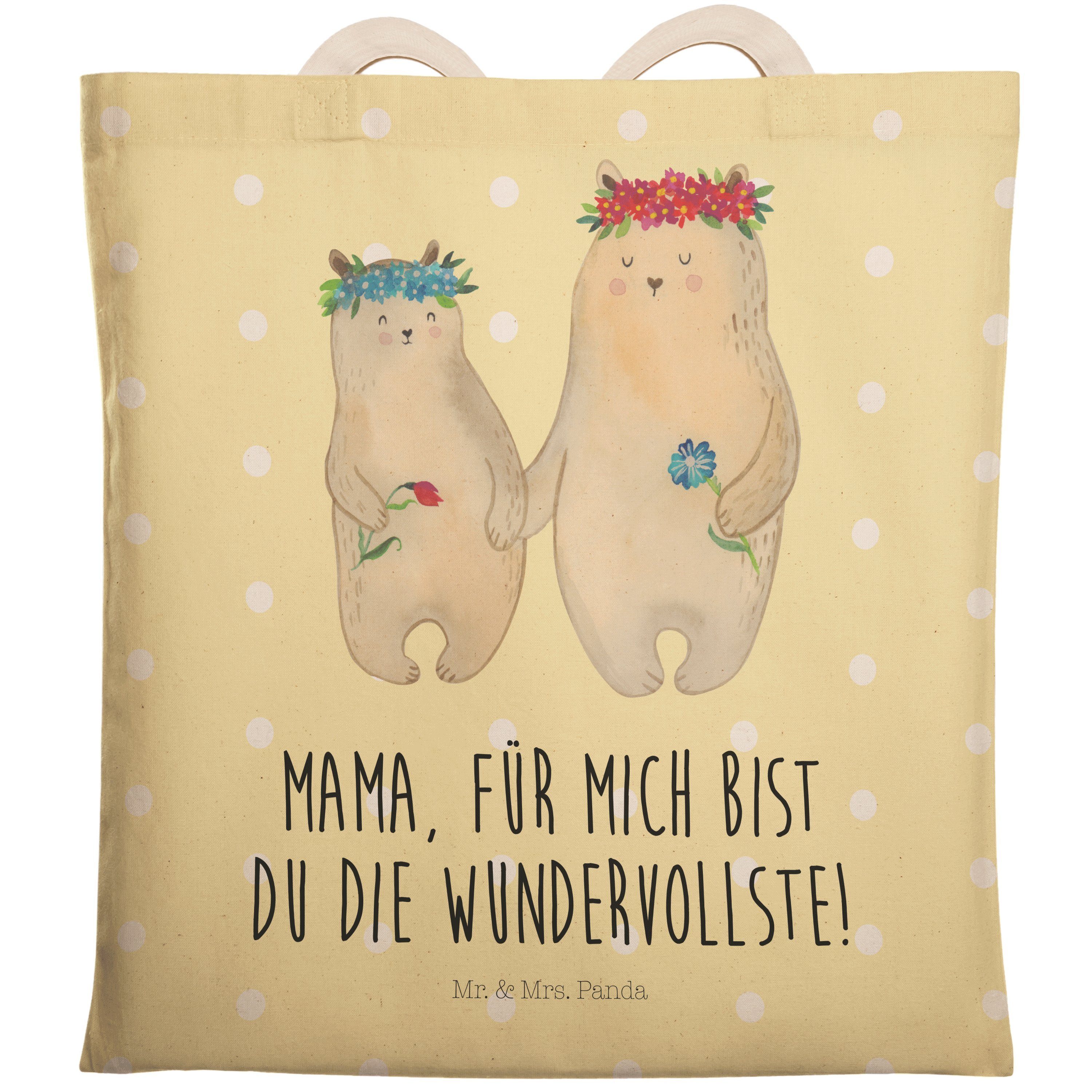 Mr. & Mrs. Panda Tragetasche Bären mit Blumenkranz - Gelb Pastell - Geschenk, weltbeste Mama, Shop (1-tlg)