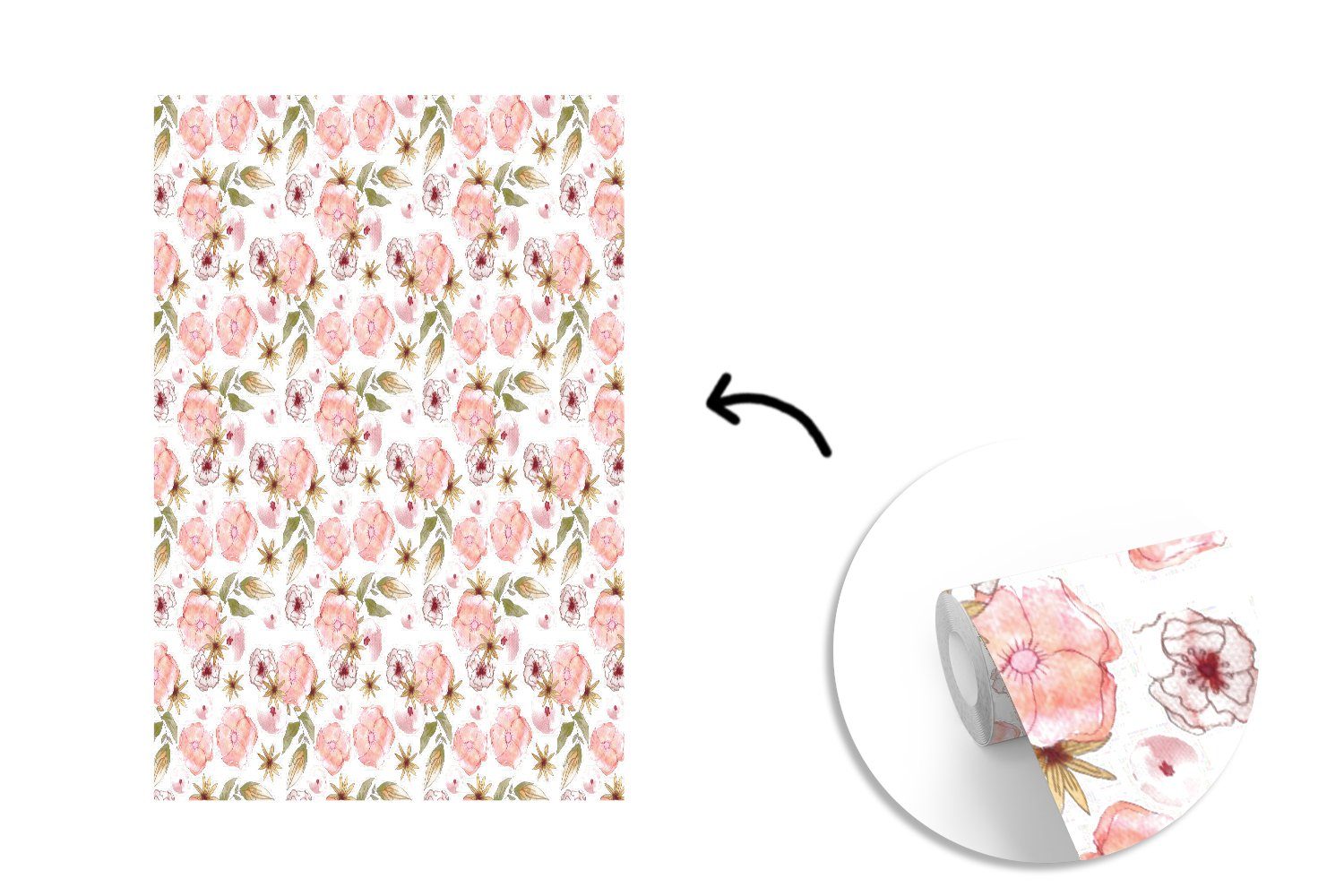 MuchoWow Fototapete Blumen Montagefertig - Rosa Muster, bedruckt, Matt, (3 für Wohnzimmer, Vinyl Wandtapete St), - Tapete