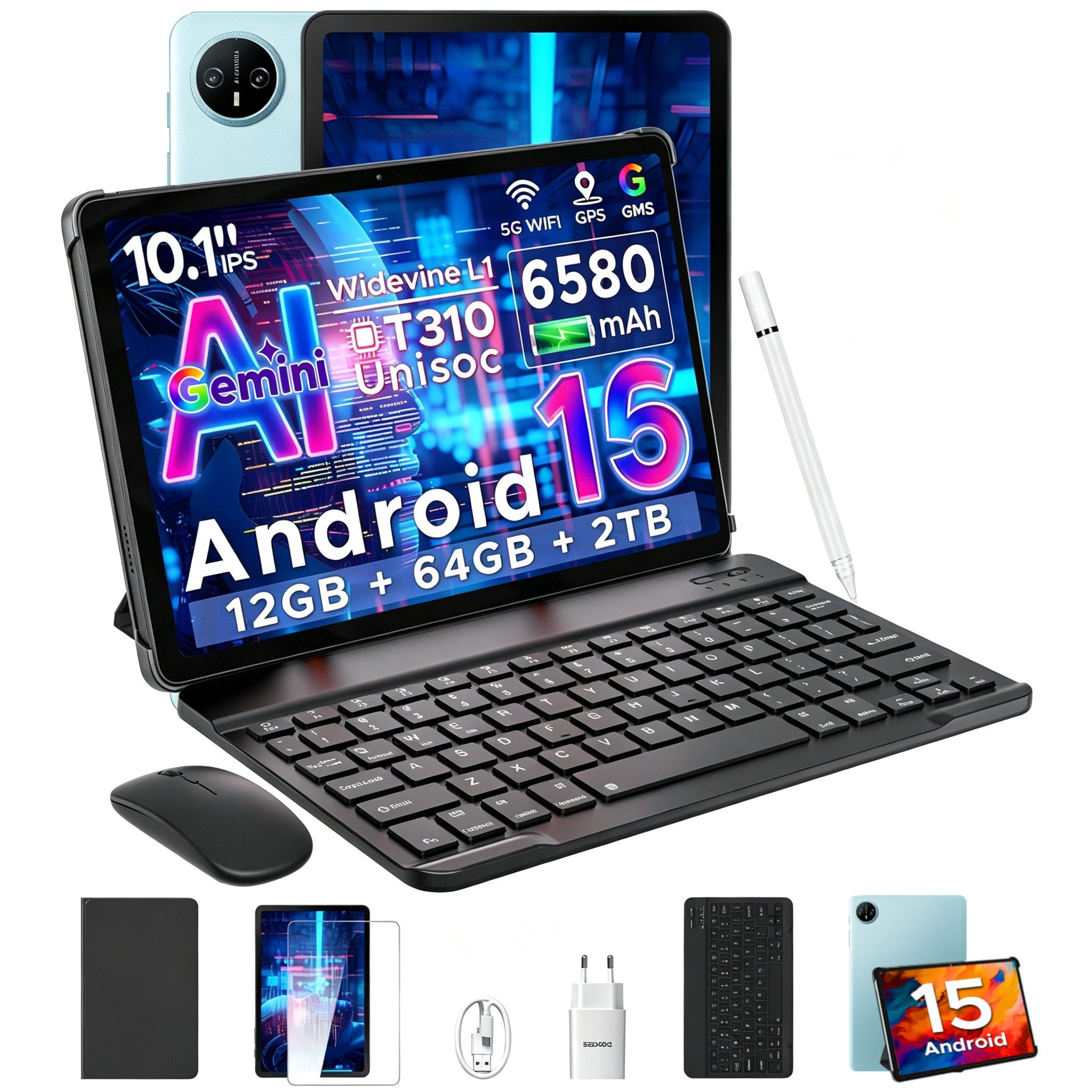 DOOGEE TAB A9 Tablet 10 Zoll, Android Tablet, 64GB ROM (TF 2TB), 5G WiFi Tablet (10.1", 64 GB, Android 15, Wifi, Android 16, Tablet mit Tastatur/Stift/Maus/Hülle, Face ID)
