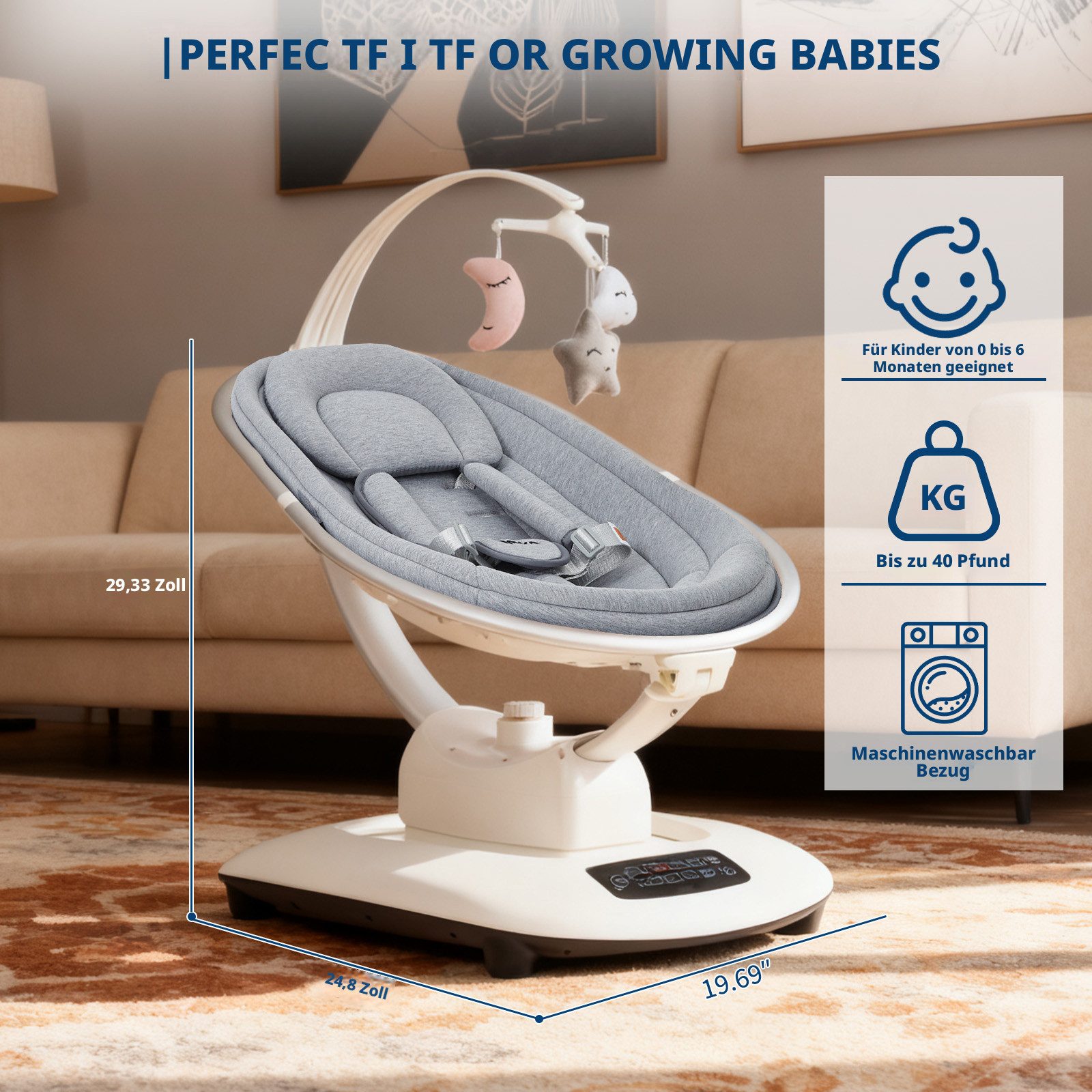 GarveeMore Babywippe elektrische Babyschaukel mit Spielzeugbügel, bis 6 Monate & 18 kg, 5 Schaukelmodi + 5 Schlaflieder, höhenverstellbar, waschbar