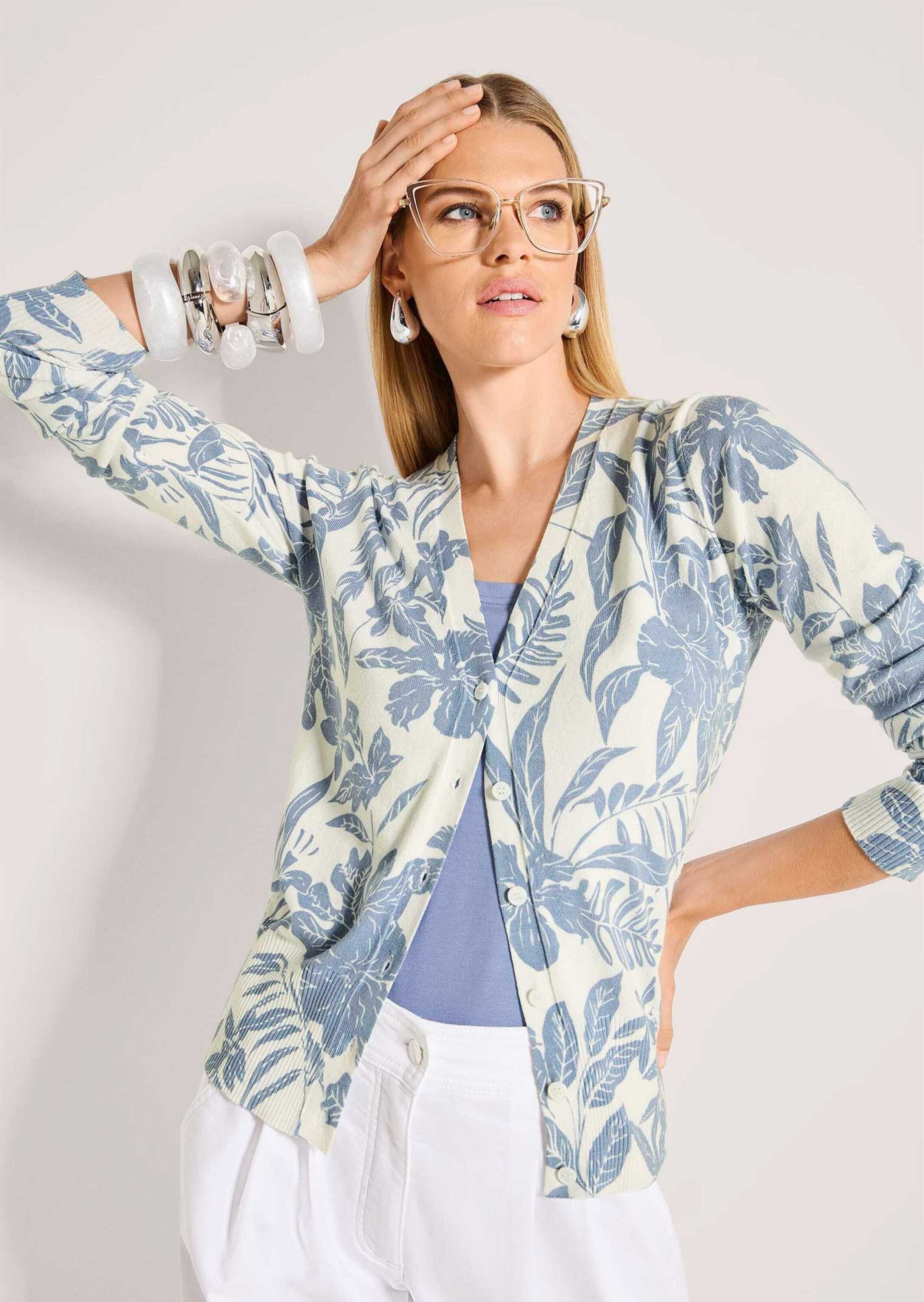 MADELEINE Strickjacke Florale Feinstrickjacke mit V-Ausschnitt Langarm Sommerjacke mit Blumendruck, Rippenbündchen, Knopfleiste