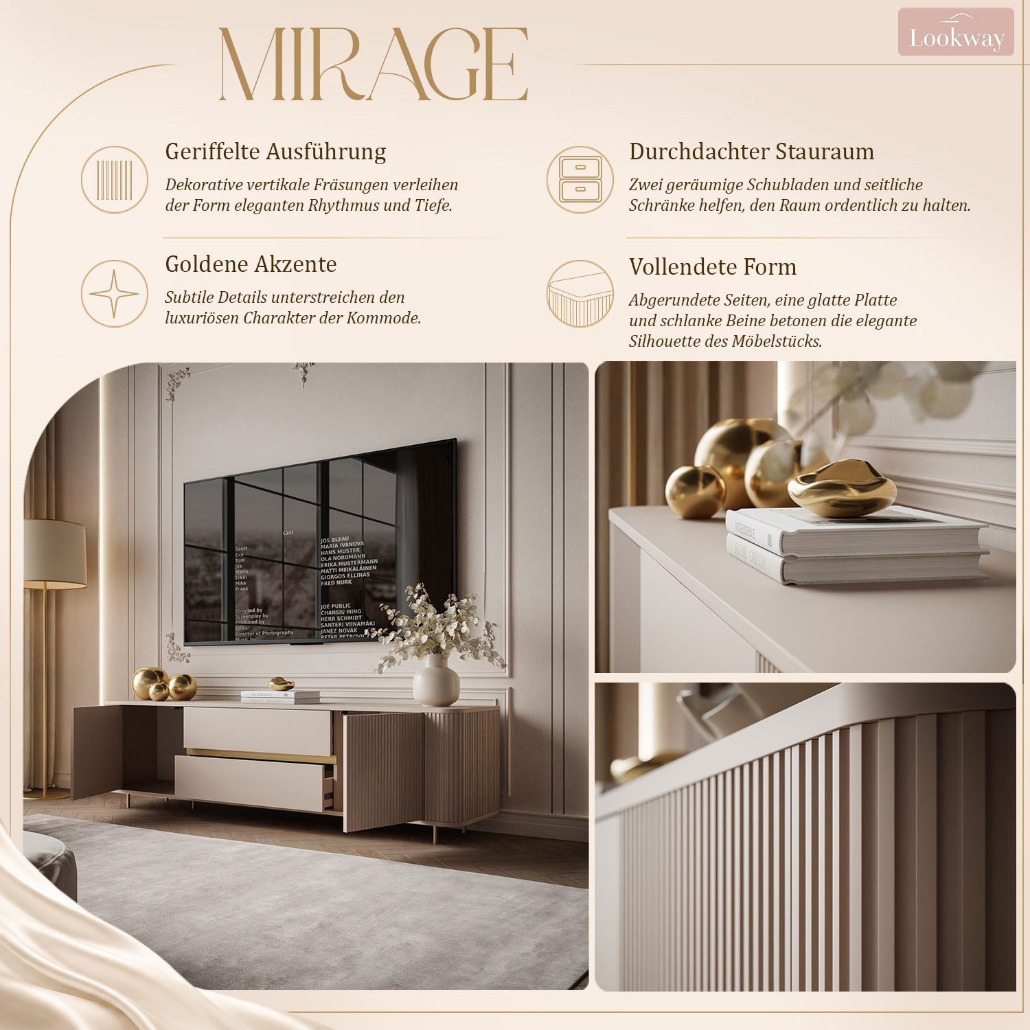Lookway TV-Schrank MIRAGE GOLD 180 cm mit geriffelten Fronten 180x52x40 cm – Bild 4 von 5