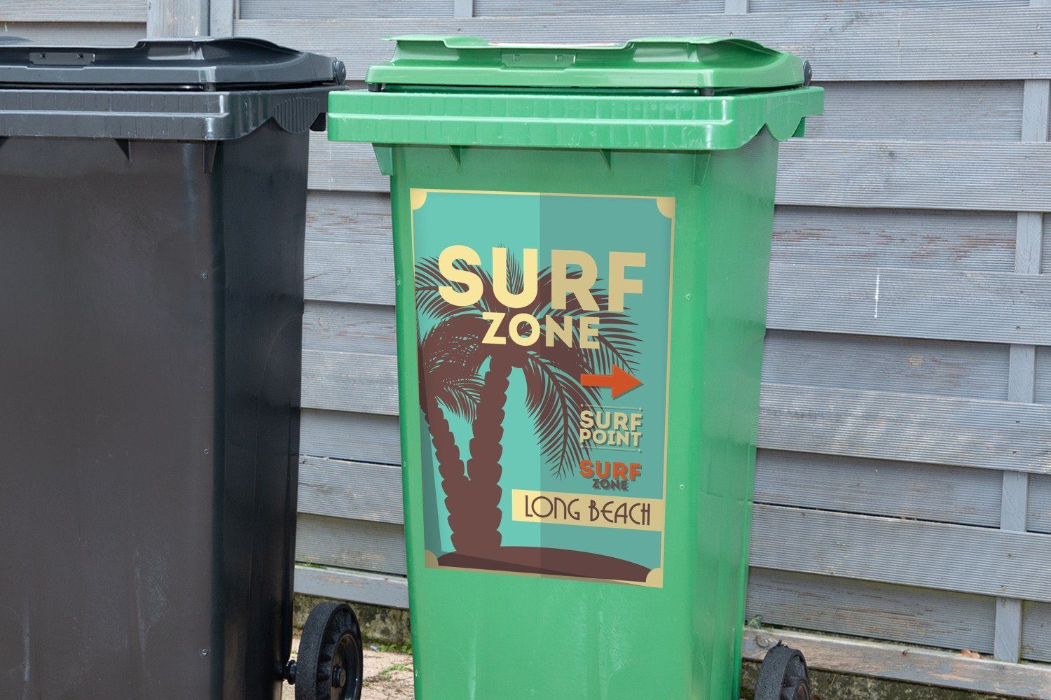 MuchoWow Wandsticker Illustration "Surfzone" mit Container, Sticker, St), Hintergrund Abfalbehälter meerblauem Mülltonne, (1 Mülleimer-aufkleber