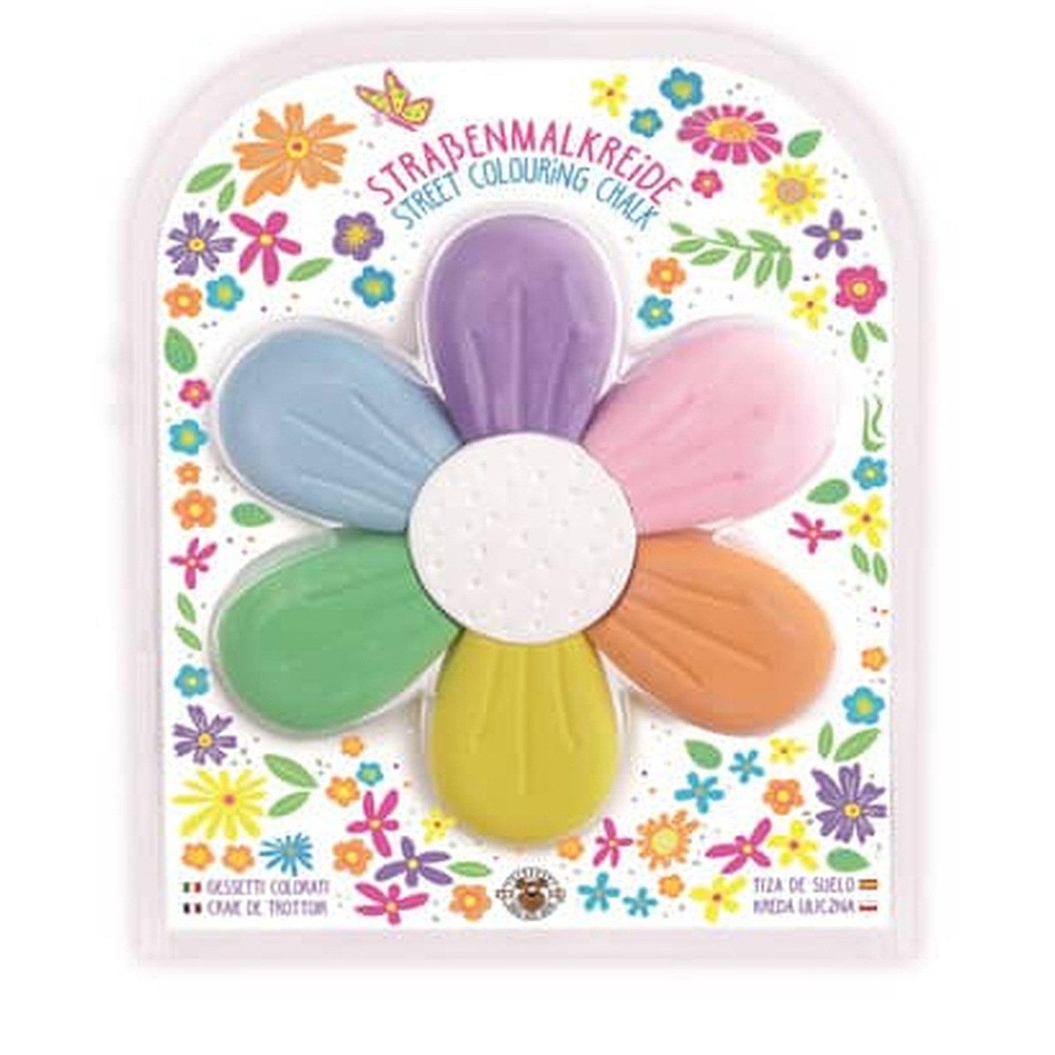 Trendhaus Malkreide Straßenmalkreide 7er Set bunte Kreide in Blütenform, Blütenform, Silberfolienprägung auf Verpackung