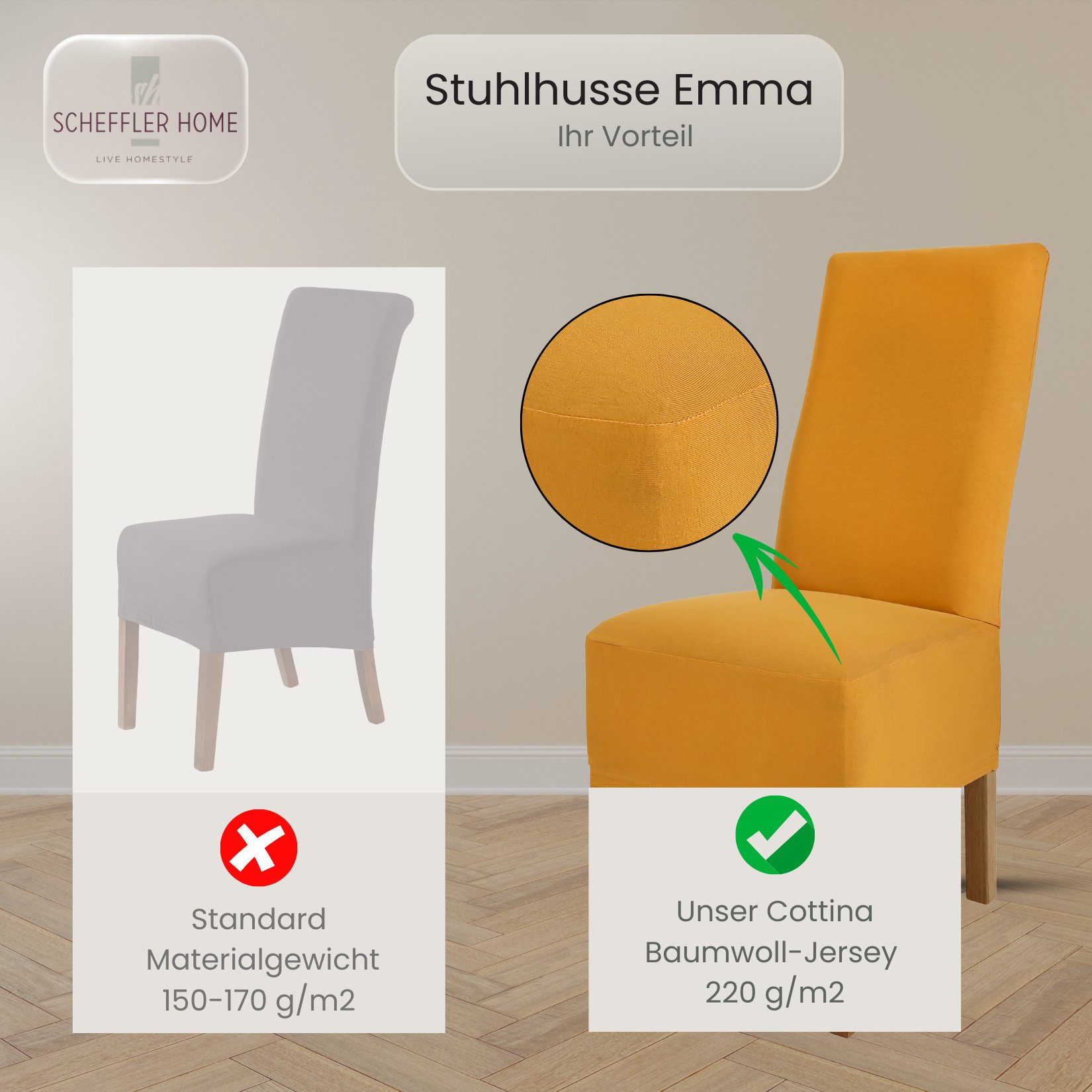 sh SCHEFFLER-HOME LIVE HOMESTYLE Stuhlhusse Moderner Stuhlbezug "Emma" aus elastischer Baumwolle Cottina, abnehmbarer & waschbarer Spannbezug für Stühle – Bild 4 von 5