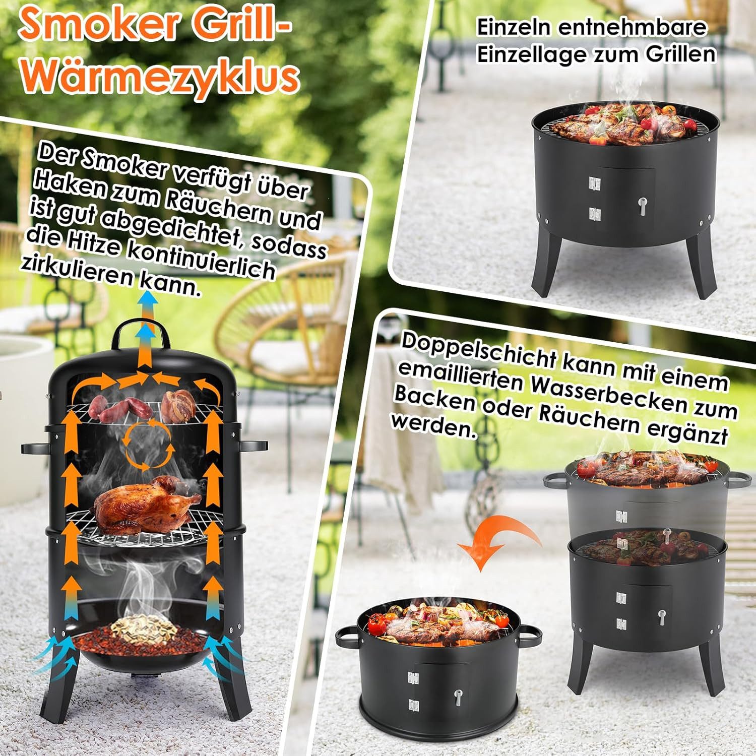 TLGREEN Smoker Räucherofen, 3 in 1 Smoker Grill, Holzkohlegrill, Räuchertonne Räuchergrill Watersmoker, Ø44,5x80 cm