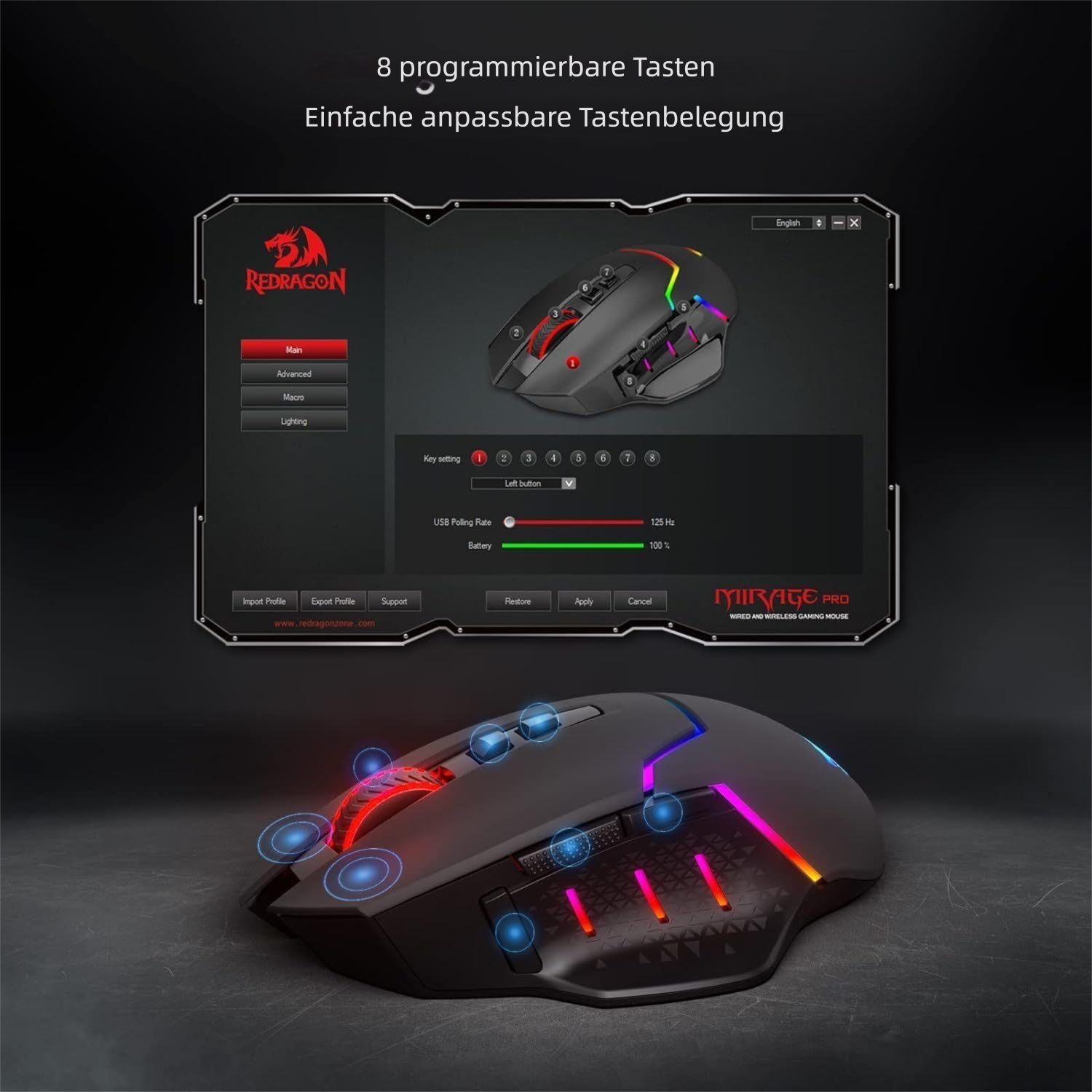 Redragon M690-PRO, RGB, 2,4 GHz/Kabelgebunden, Schwarz Gaming-Maus (kabelgebunden, 2.4 GHz RF Wireless, 8000 DPI, 8 programmierbare Tasten, Ergonomisch, Dual-Modus)