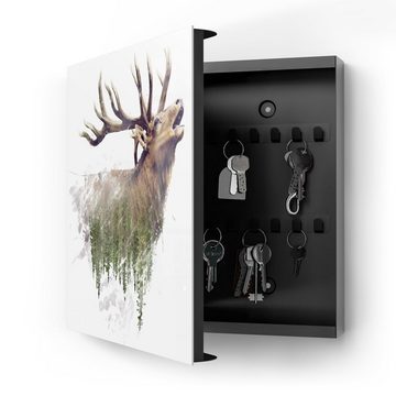 DEQORI Schlüsselkasten 'Hirsch röhrt im Wald', Glas Schlüsselbox modern magnetisch beschreibbar