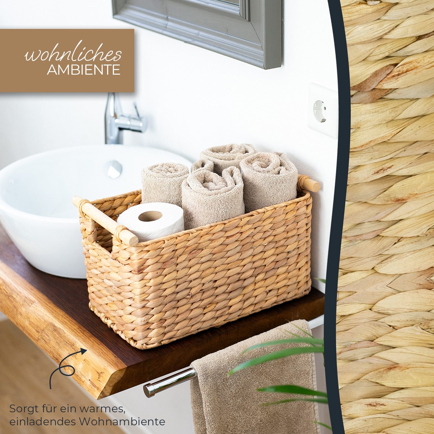 HMF Aufbewahrungskorb Aufbewahrungskorb geflochten aus Wasserhyazinthe, Korb mit (1 St), mit Holzgriffen für Bad, Küche und Wohnbereich, 37 x 22 x 20 cm – Bild 4 von 5