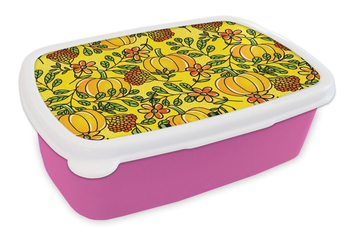 rosa Kinder, Kunststoff, MuchoWow Snackbox, Kunststoff - (2-tlg), Erwachsene, Brotdose Mädchen, Muster Brotbox Kürbisse Blumen, Lunchbox für -