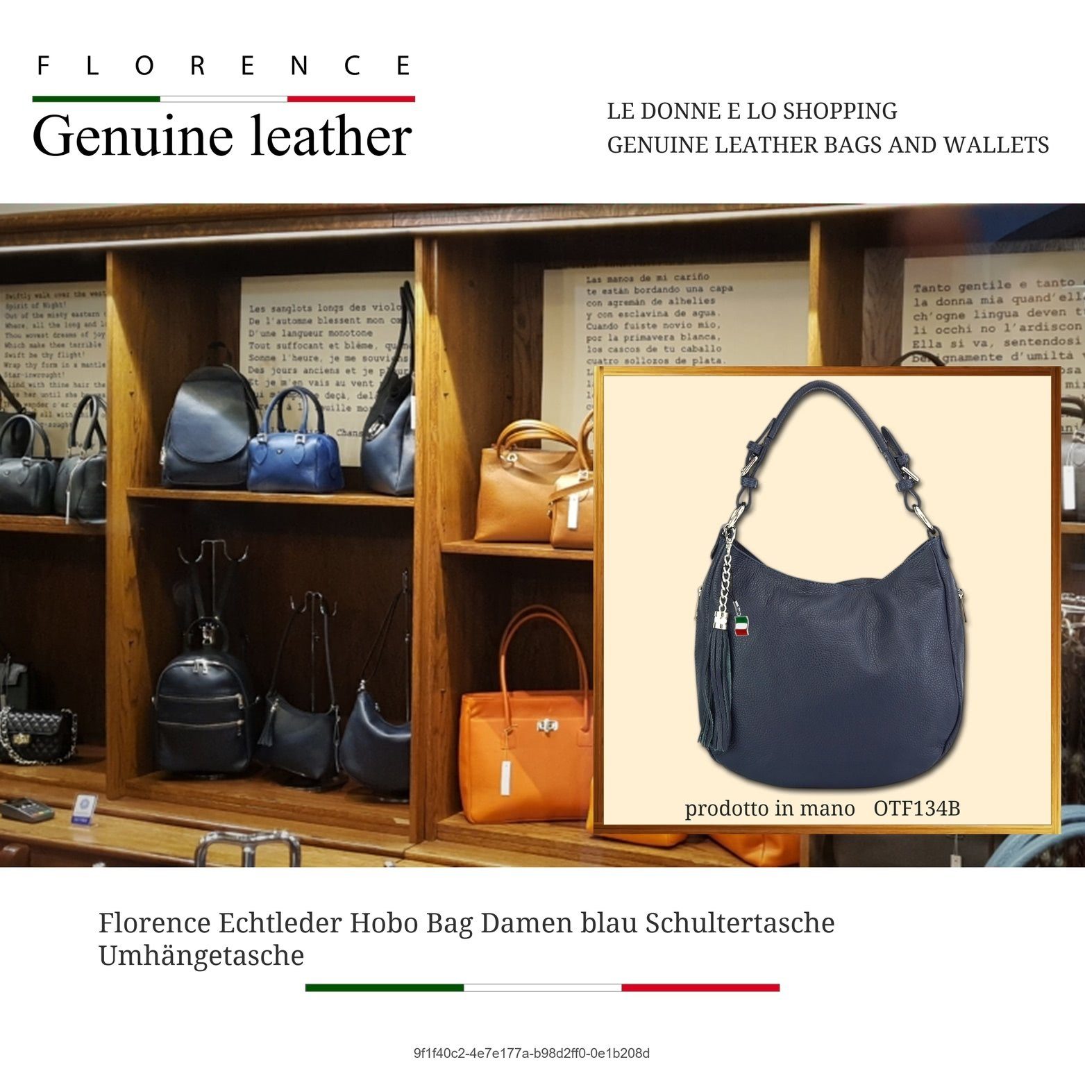 FLORENCE Shopper D2OTF134X Florence Hobo-Bag Schultertasche colore (Schultertasche, Shopper), Damen Tasche Echtleder blau, Made-In Italy