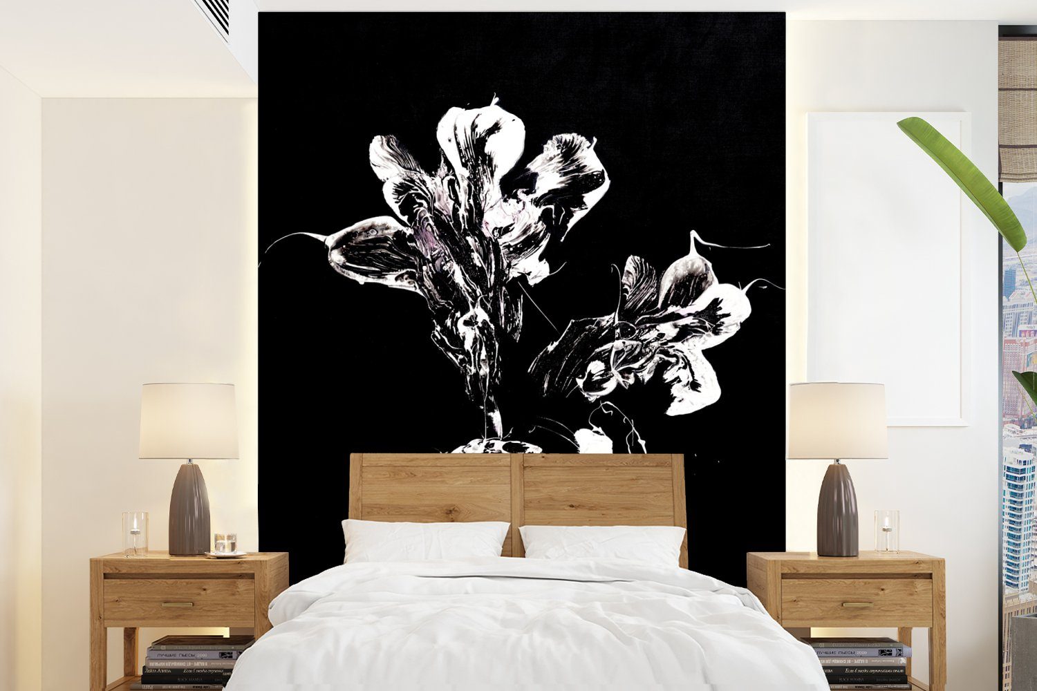 MuchoWow Fototapete Blumen - Farbe - Schwarz - Weiß, Matt, bedruckt, (4 St), Montagefertig Vinyl Tapete für Wohnzimmer, Wandtapete