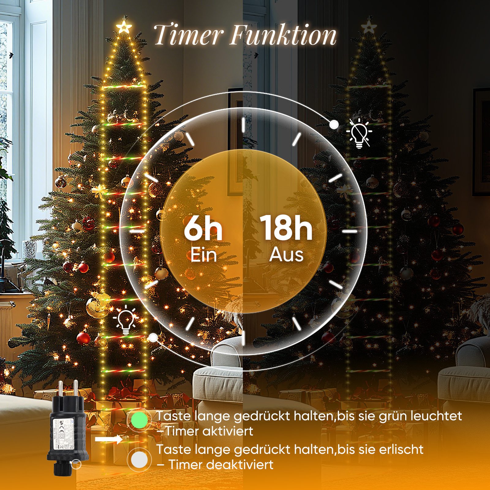 Salcar LED-Lichterkette LED Weihnachts Leiter 3M Weihnachtslichterkette Warmeweiß, Timer, Memory, 9 Modi(Stufenlos Warmweiß/Vierfarben/Macaron-Farben) – Bild 4 von 5
