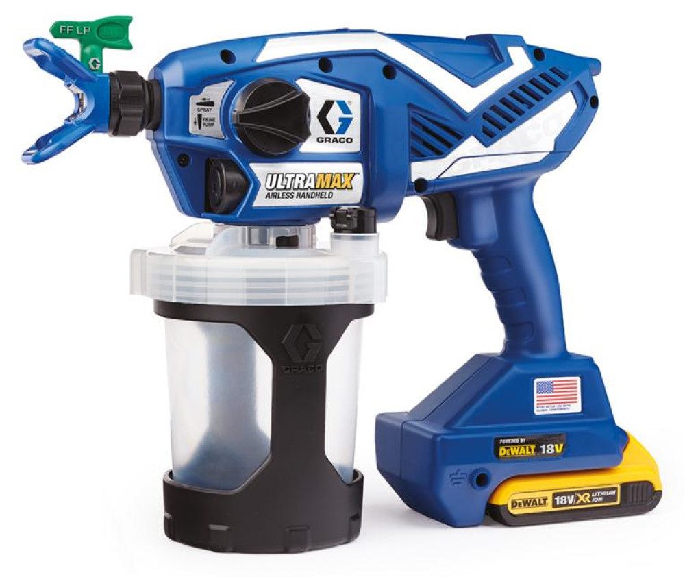 Graco Akku-Drucksprühgerät GRACO Farbpistole ULTRAMAX Akku 2 x 18 V 2Ah DEWALT mit Ladegerät und