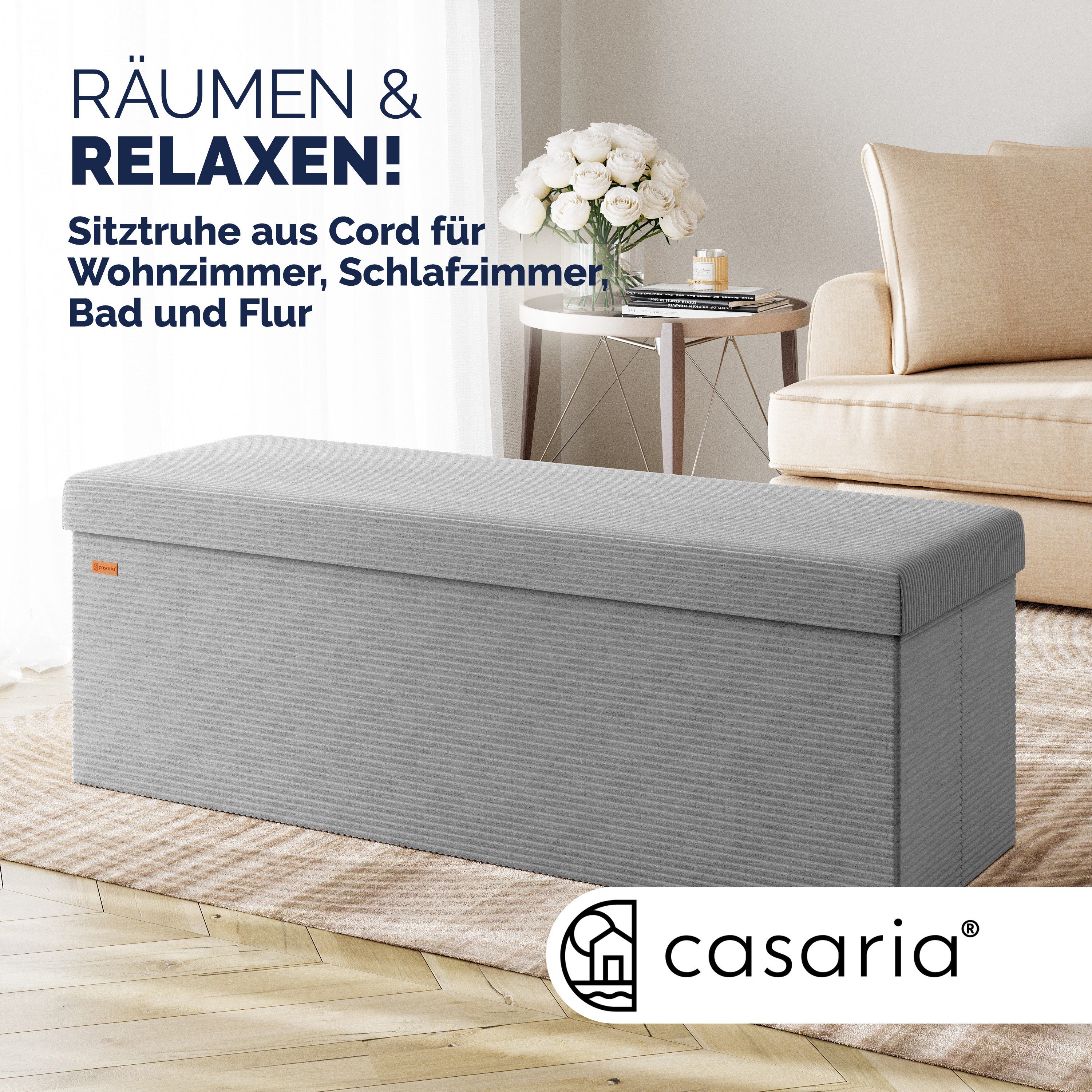 Casaria Sitzbank, Cord Grau Faltbar inkl. Boxen 114x38cm 300kg Belastbarkeit Wohnzimmer