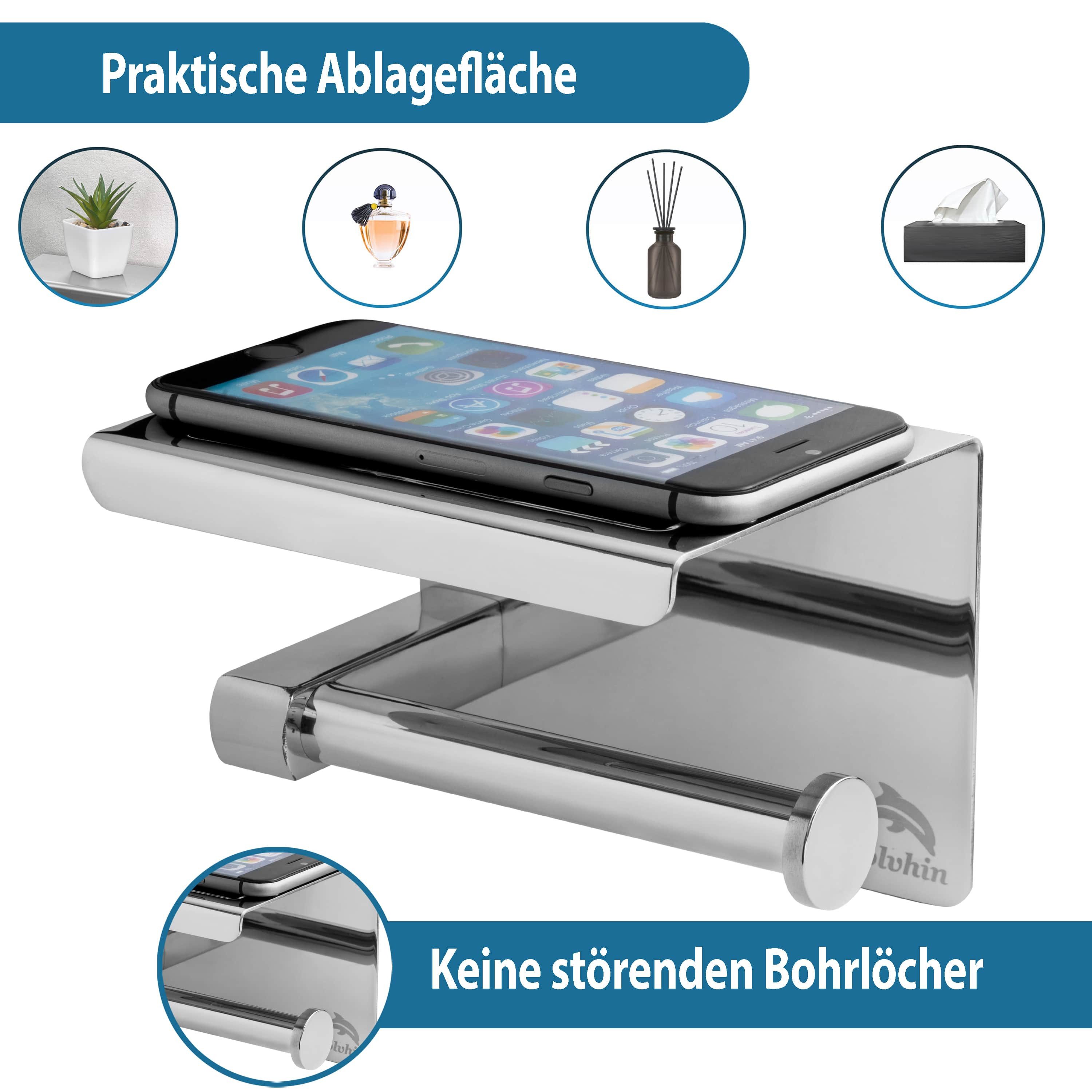 Dolvhin Toilettenpapierhalter ohne Bohren, Edelstahl Klopapierhalter mit Ablage, WC Klorollenhalter, zum Kleben inkl. extra starkem 3M Klebestreifen – Bild 4 von 5