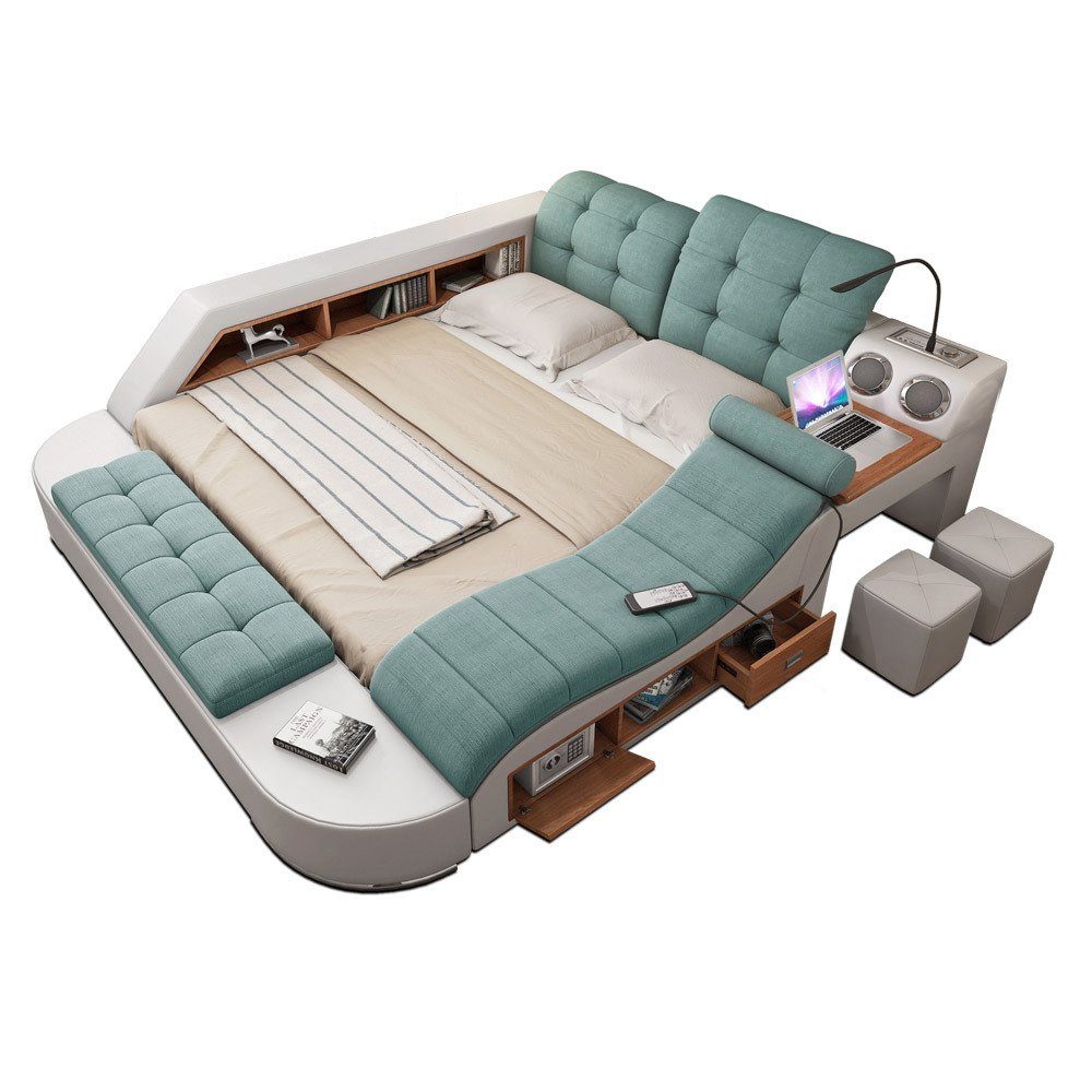 JVmoebel Bett Multifunktion Bett Regal Schrank USB Ladestation Doppel Leder Türkis