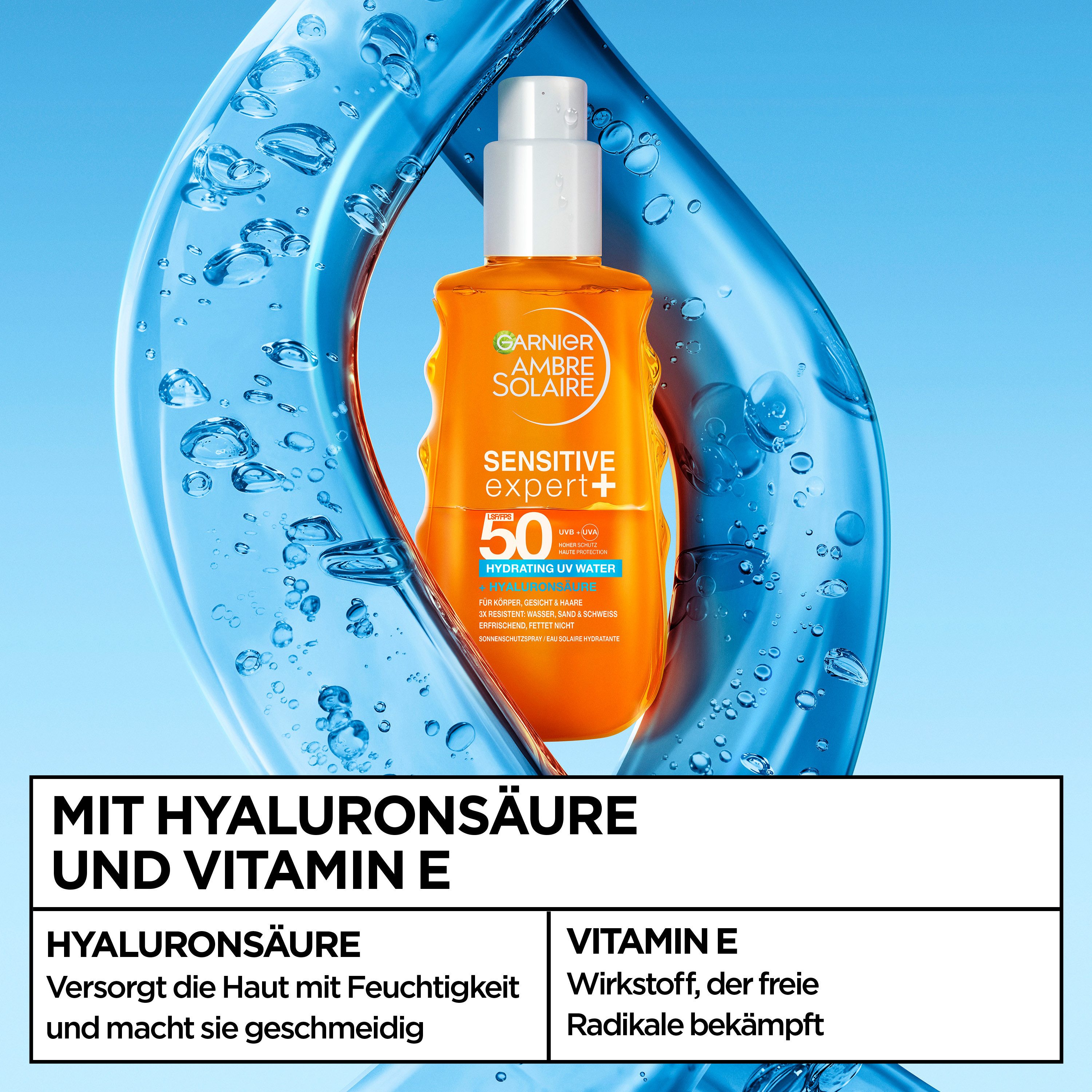 GARNIER Sonnenschutzspray Garnier Ambre Solaire Sensitive Expert + Hydrating UV Water LSF 50, mit LSF 50, für Körper, Gesicht und Haare geeignet