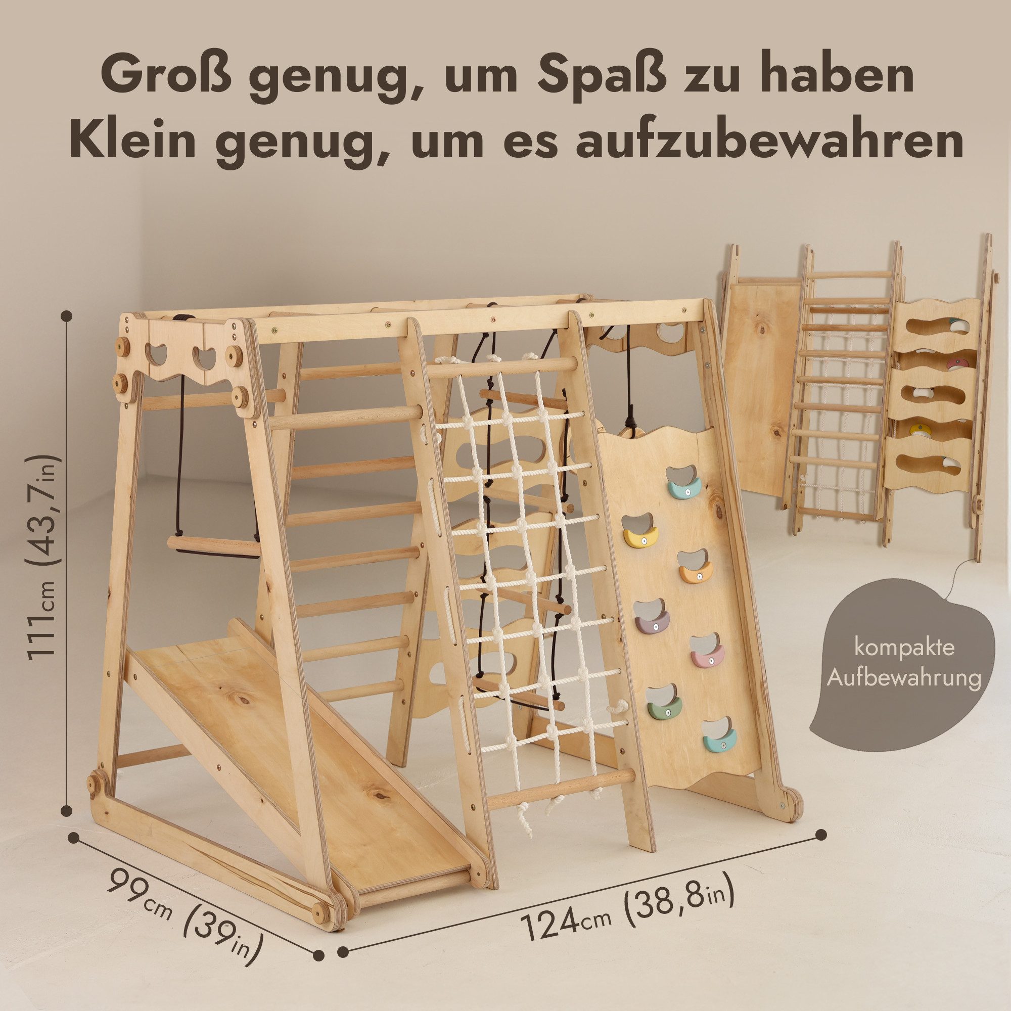 Goodevas Klettergerüst Multifunktionale Schwedenwand & Klettergerüst für Kinder, (Holz-Spielplatz mit Kletterbrett, Kletterseil, Kletterwand, Holzleiter, Rutsch – Bild 4 von 5