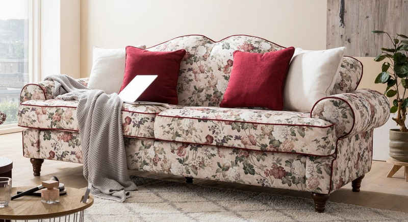 Furn.Design Sofa Elita, 3,5-Sitzer in beige mit Blumenmuster, Landhausstil, mit Bonell Federkern