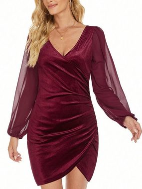 ZWY Etuikleid Mode Frauen Fleck Casual Kleid V-ausschnitt Einfarbig Dünnes (1-tlg) Gefaltetes Kurzes Kleid Laterne Langarm Kleid Elastische Kleider