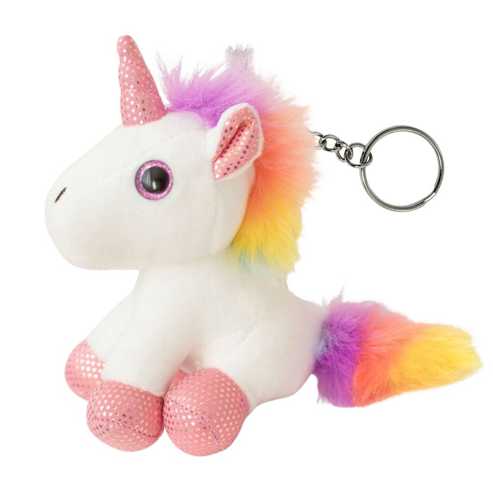 LEAN TOYS Schlüsselanhänger Einhorn Taschenanhänger Kuscheltier (Spar-Set, 1-tlg., 12 x 10 x 6 cm weich), Metallring, weicher Plüsch, Regenbogenmähne