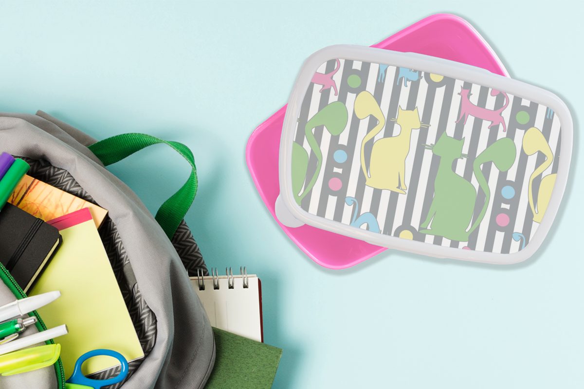 MuchoWow Lunchbox Katzen - rosa - Kunststoff (2-tlg), für Kunststoff, Kinder, Snackbox, Pastell Erwachsene, Brotdose Tiere, Brotbox Mädchen