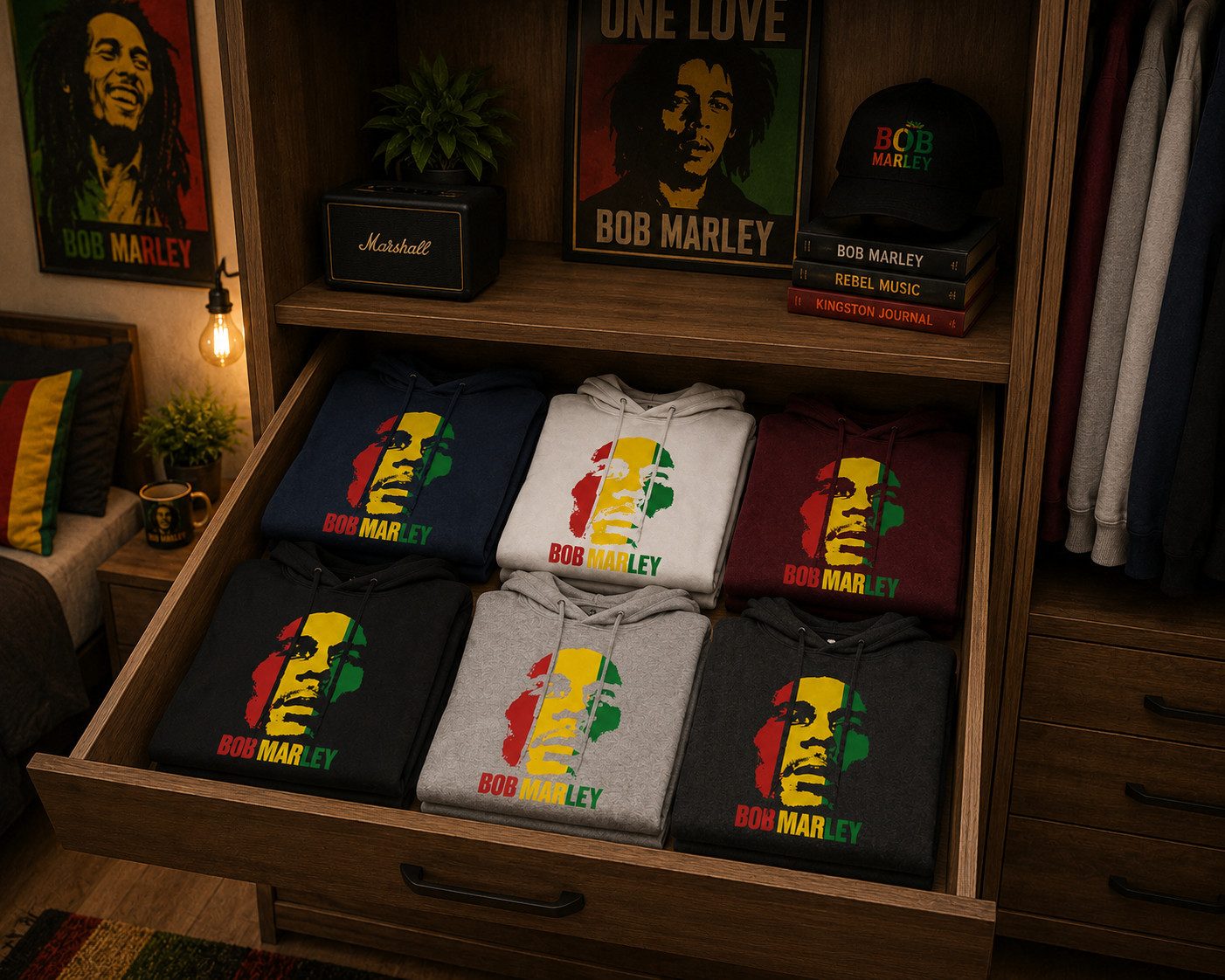 Blondie & Brownie Hoodie Damen Hoodie Bob Marley Legende Portrait Print Kapuze Freizeit look (Einzelstück, Einzelartikel)