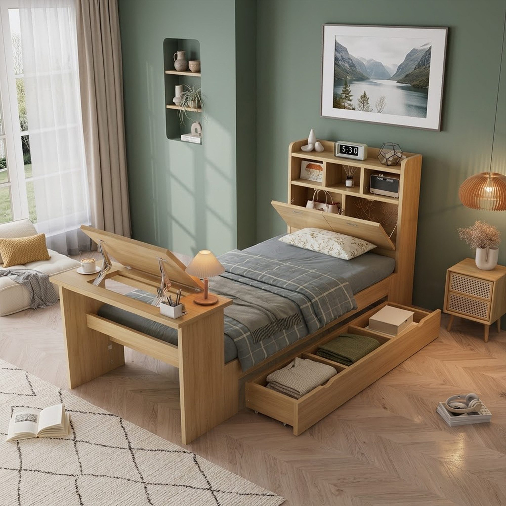 SOFTWEARY Kinderbett mit Stauraum und Klapptisch (90x200 cm, mit Lattenrost, Regal, Schrank, Schubladen und Klapptisch), Holzbett, Stauraumbett, Einzelbett