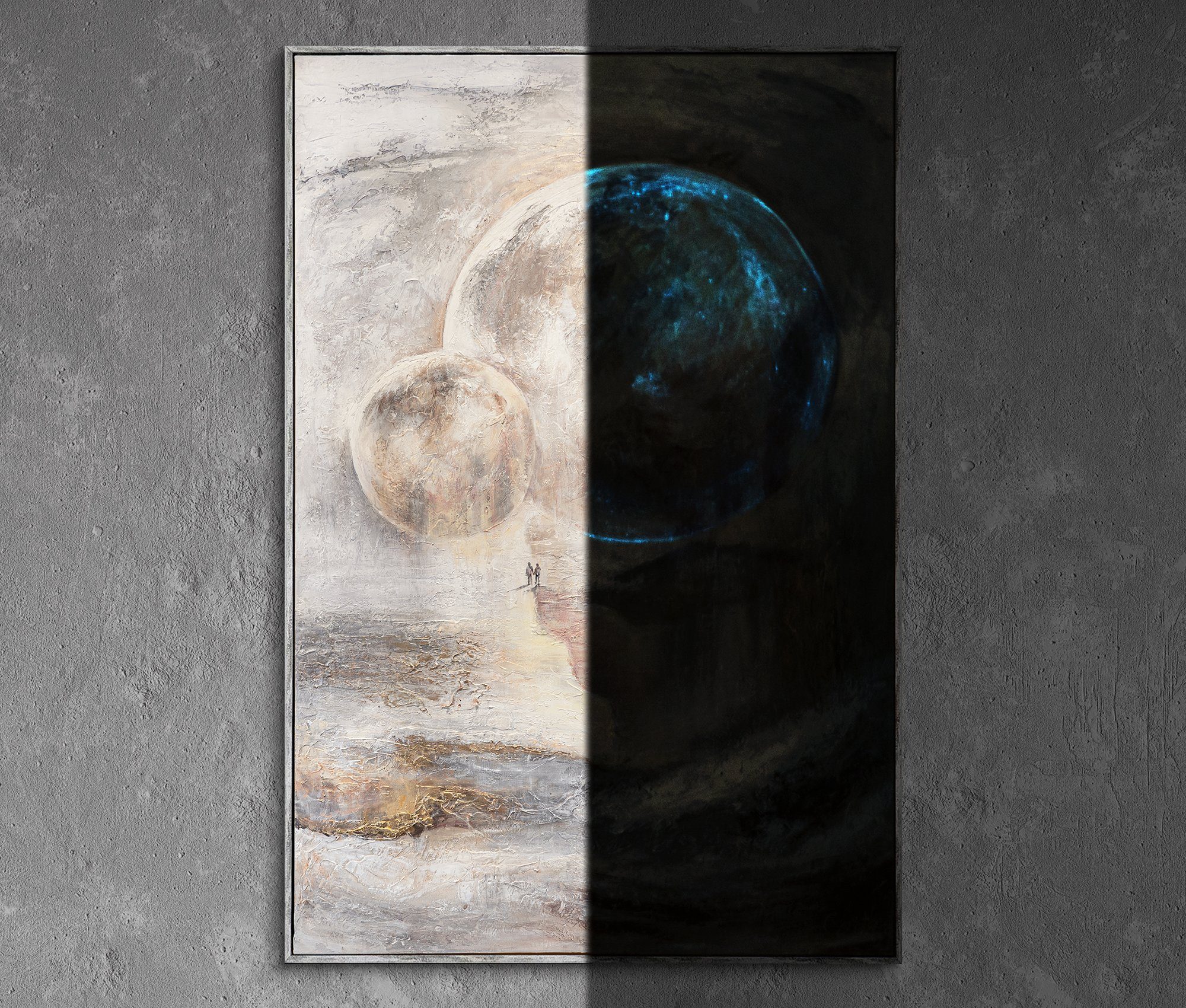 YS-Art Gemälde Sternenverbindung, Abstraktion Mit Rahmen in Grau
