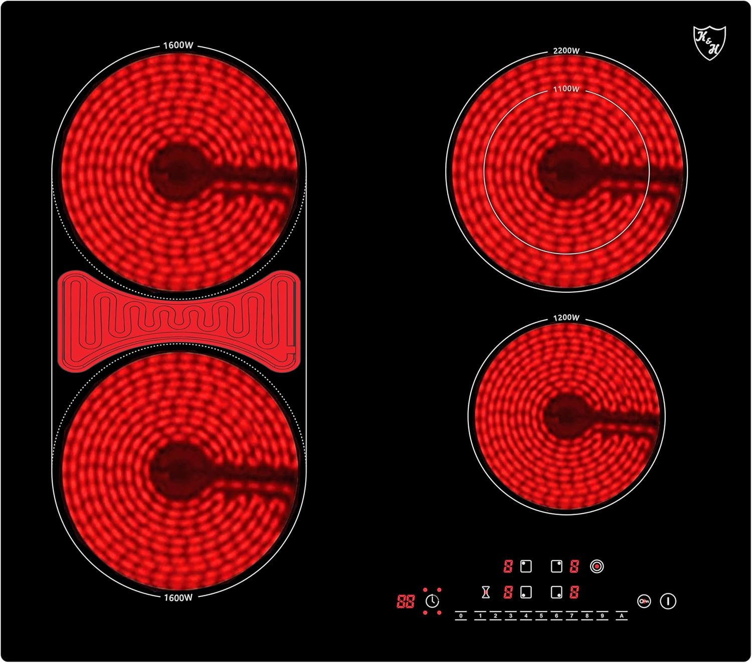 K&H Elektro-Kochfeld K&H® 4 Zonen Glaskeramikkochfeld 59cm Elektro Autark Eingebaut NCD-7207D, Abschaltautomatik, Einbaufähig, Autark