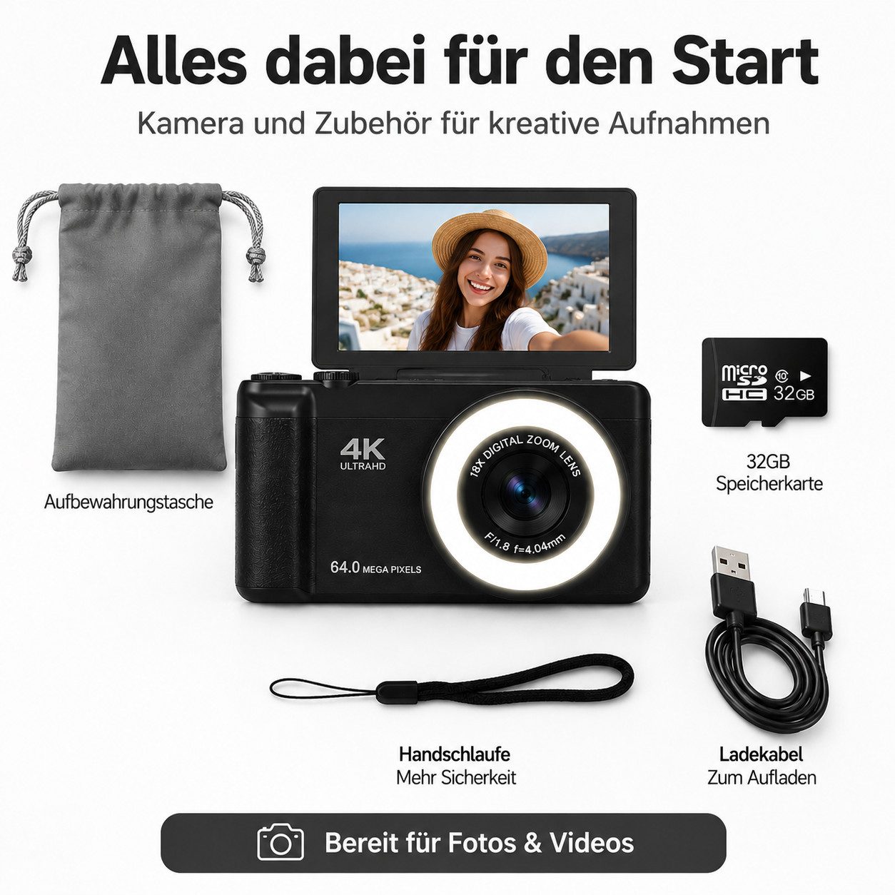 XEOOCE 4K Digitalkamera 64MP mit Flip Display Autofokus 18x Zoom Kompaktkamera (64 MP, 20 Filter) – Bild 2 von 5