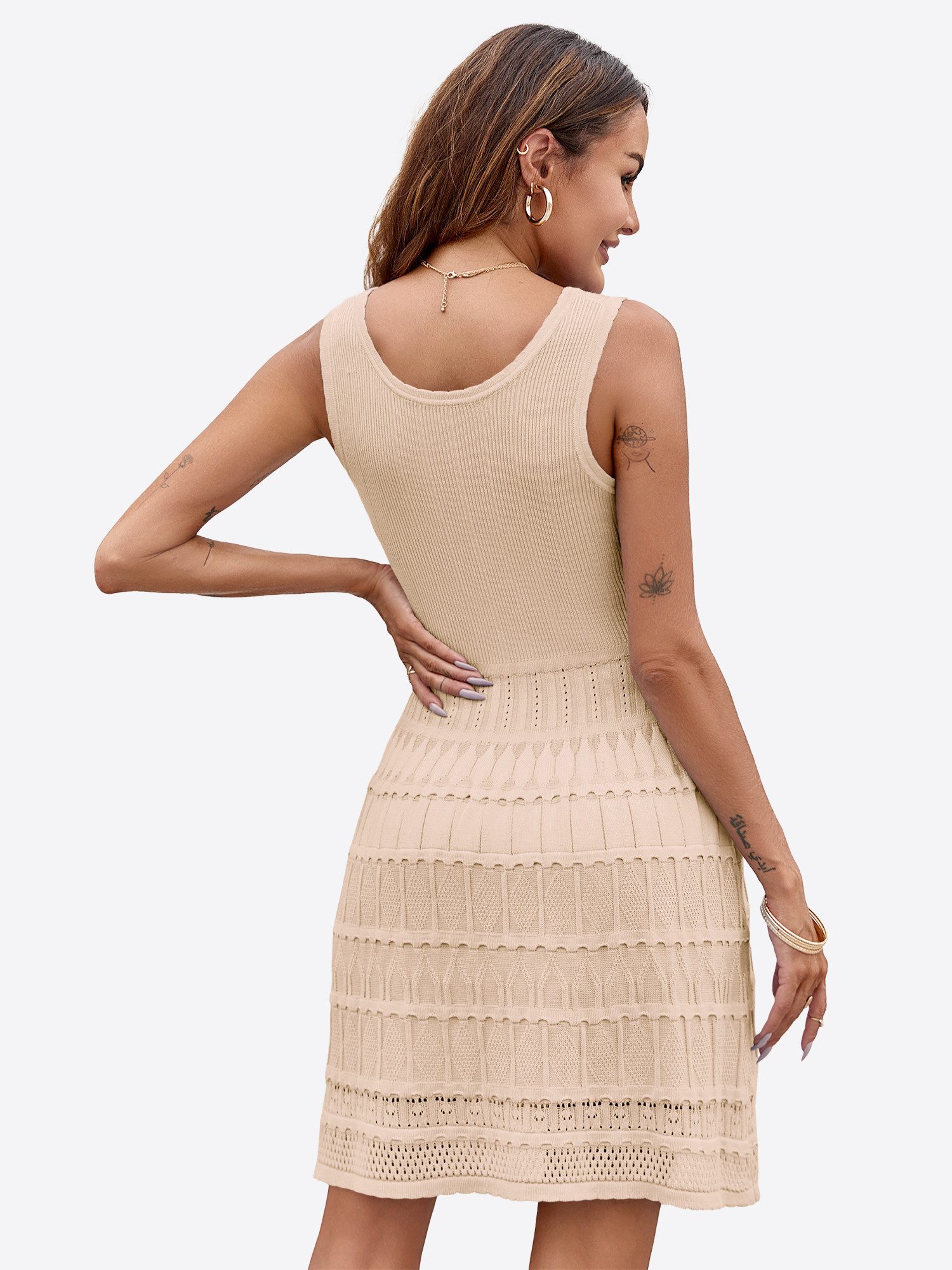 Imily Bela Strickkleid Damen Sommer Minikleid Casual Tank U-Ausschnitt Ärmellos Rüschen (Packung, 1-tlg., 1per-Pack) gehäkelt in Unifarbe