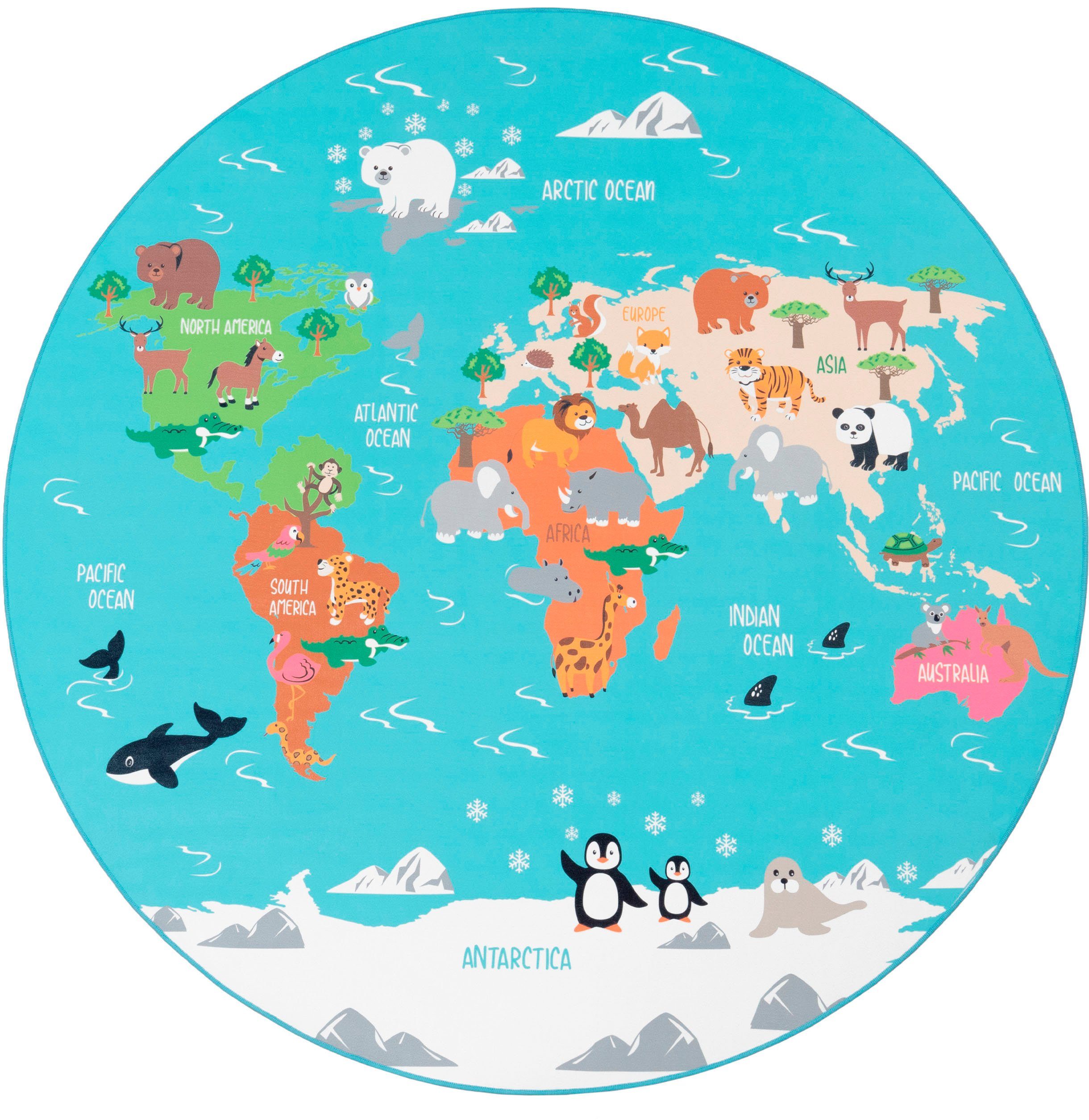Paco Home Kinderteppich Bino 564, rund, Höhe: 4 mm, Kurzflor, Motiv Weltkarte, Kinderzimmer