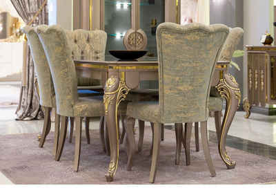 Casa Padrino Esszimmer-Set Luxus Barock Esszimmer Set Grün / Gold / Grau - 1 Esstisch & 6 Esszimmerstühle - Prunkvolle Esszimmermöbel im Barockstil - Luxus Qualität