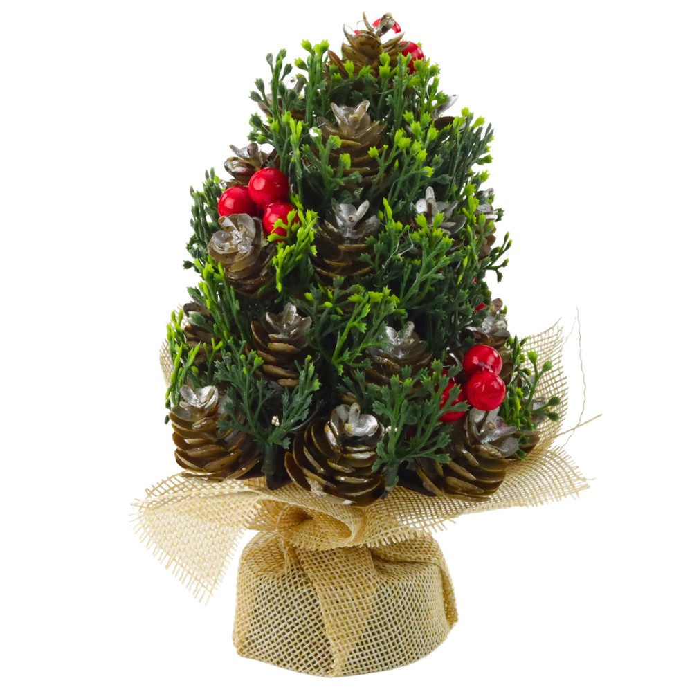 LEAN TOYS Künstlicher Weihnachtsbaum Zapfenbaum Tischdeko Adventsschmuck, Mini-Tannenbaum mit Zapfen und Beeren, Zapfen, rote Beeren, Jutesockel, standfest