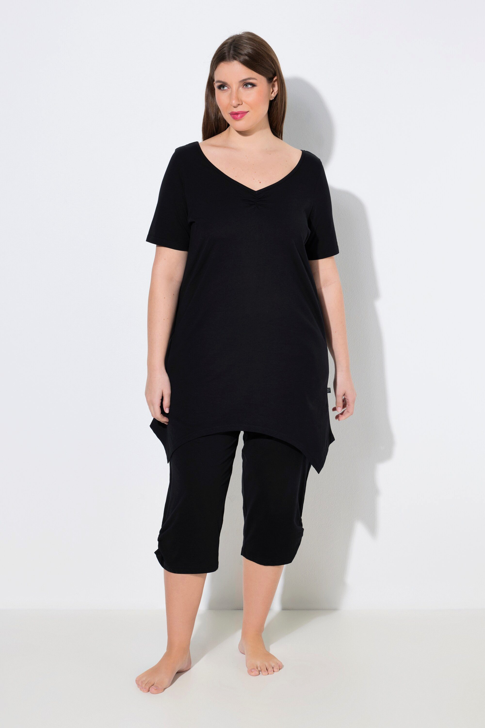 Ulla Popken Pyjama Pyjama Zipfelsaum V-Ausschnitt Halbarm