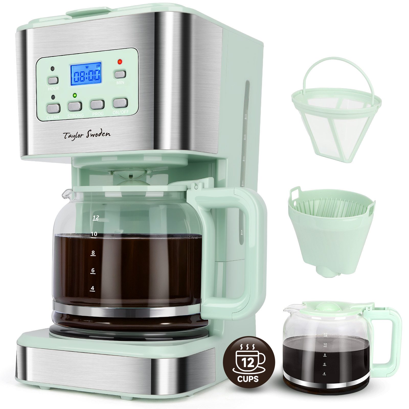 Taylor Swoden Filterkaffeemaschine 950 W, 1.5L/12 Tassen, Anti-Tropf, 24H Timer, 40 Mins Warmhaltefunktion, BPA-frei, 1.5l Kaffeekanne, Wiederverwendbarem Filter, 950W, Abschaltautomatik, BPA-frei