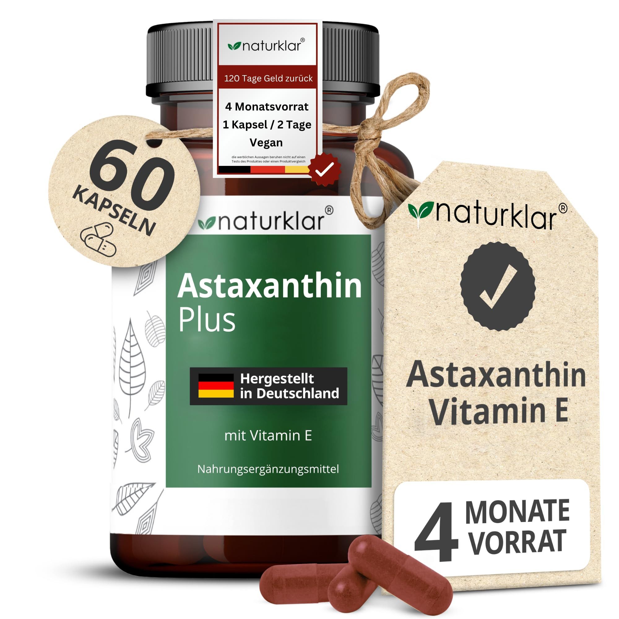 Naturklar Astaxanthin 12 mg Kapseln - 2 Fach Kombi Kapseln, Hochdosiertes Astaxanthin & Vitamin E für 4 Monate Reichweite - Vegan à 60 St., 30 g